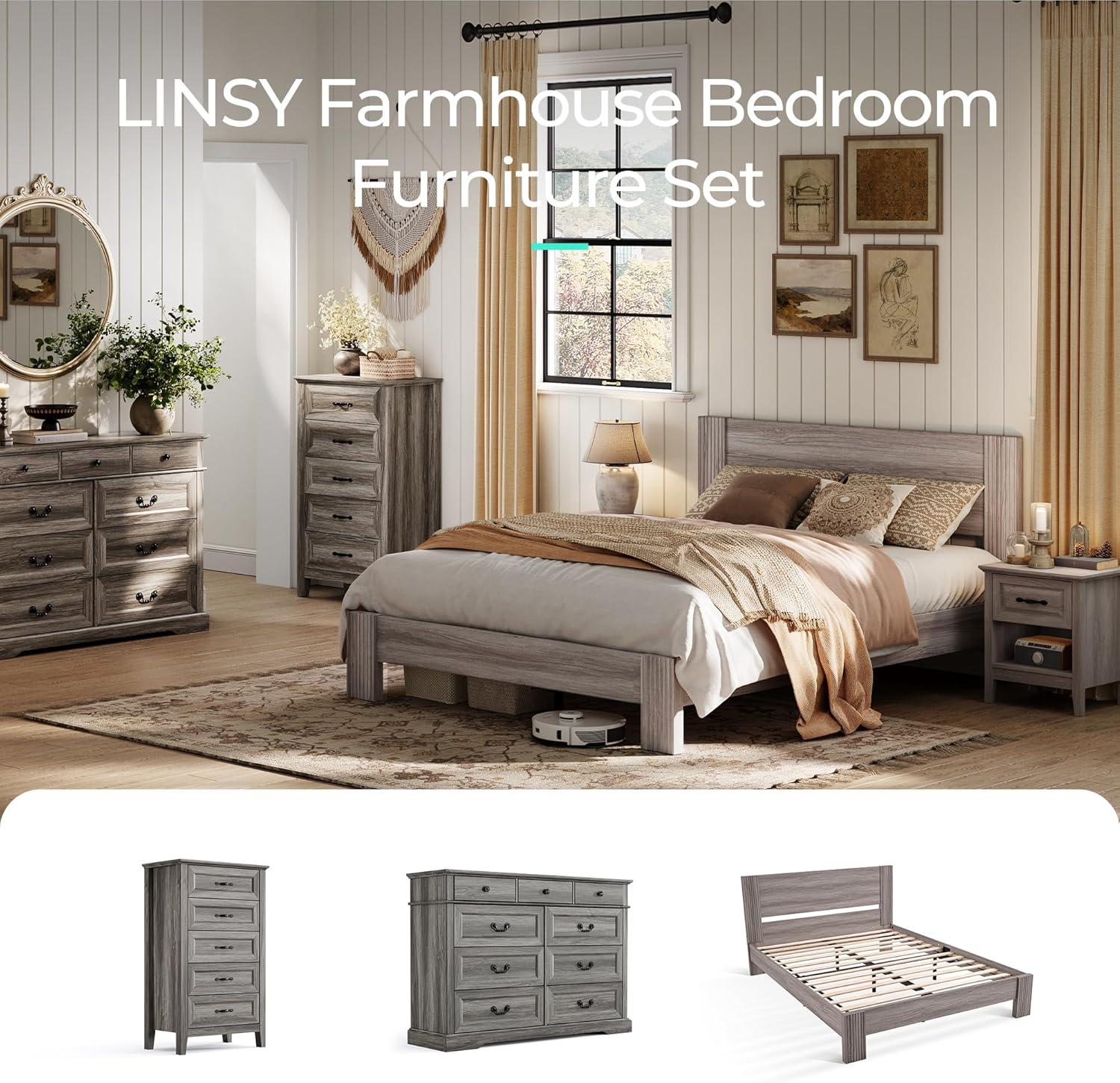 Linsy Home Nightstand for Bedroom with Charging Station, Farmhouse End Tables for Living Room with Drawer, Grey