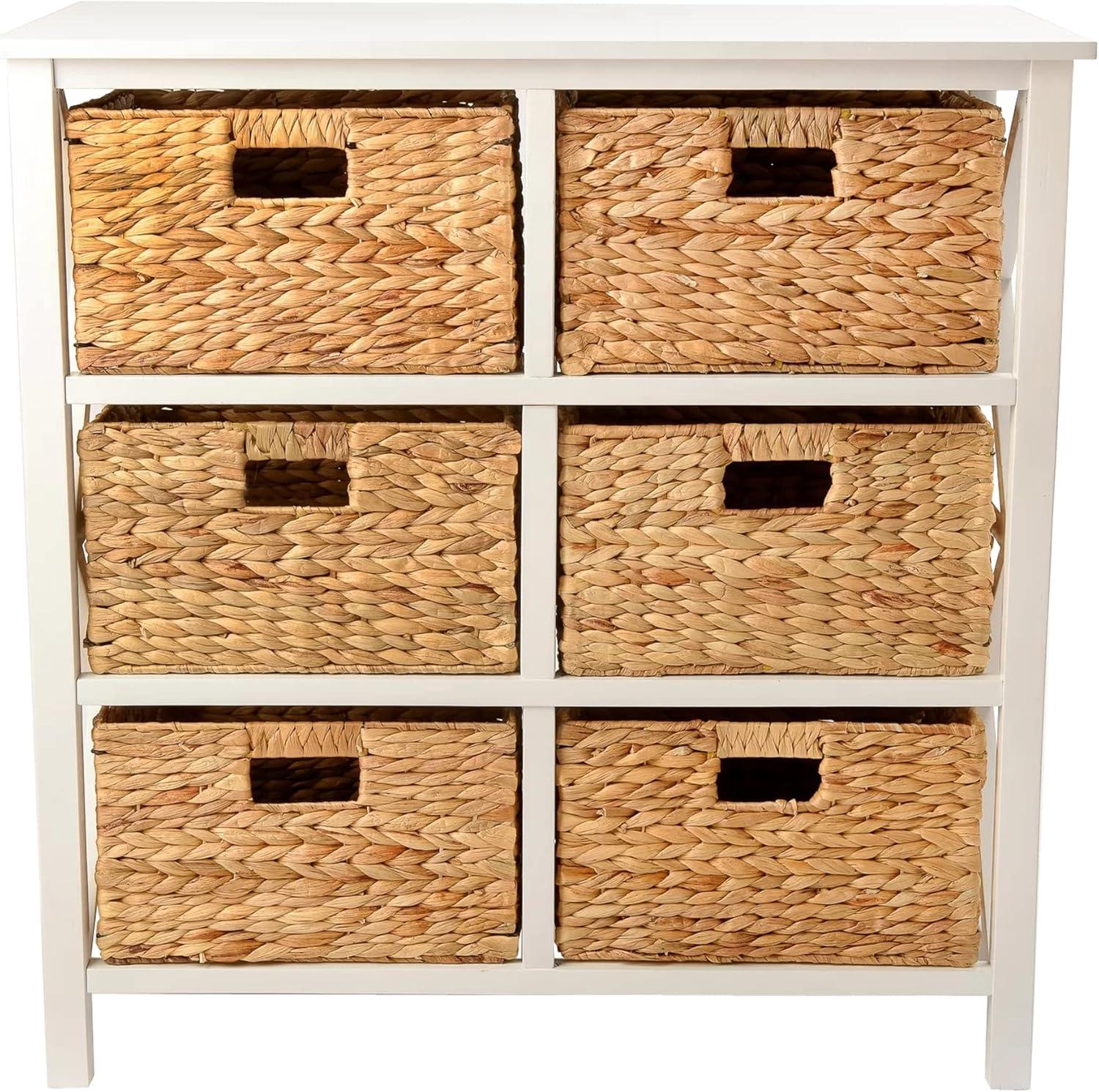 eHemco 3 Tier X-Side Storage Drawers with 6 Wicker Baskets, White