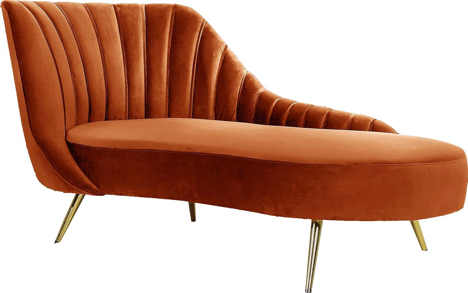 Meridian Furniture Margo Collection Modern | Contemporary Velvet Upholstered Chaise with Deep Channel Tufting and Rich Gold Stainless Steel Legs, Cognac, 74" W x 37.5" D x 35" H