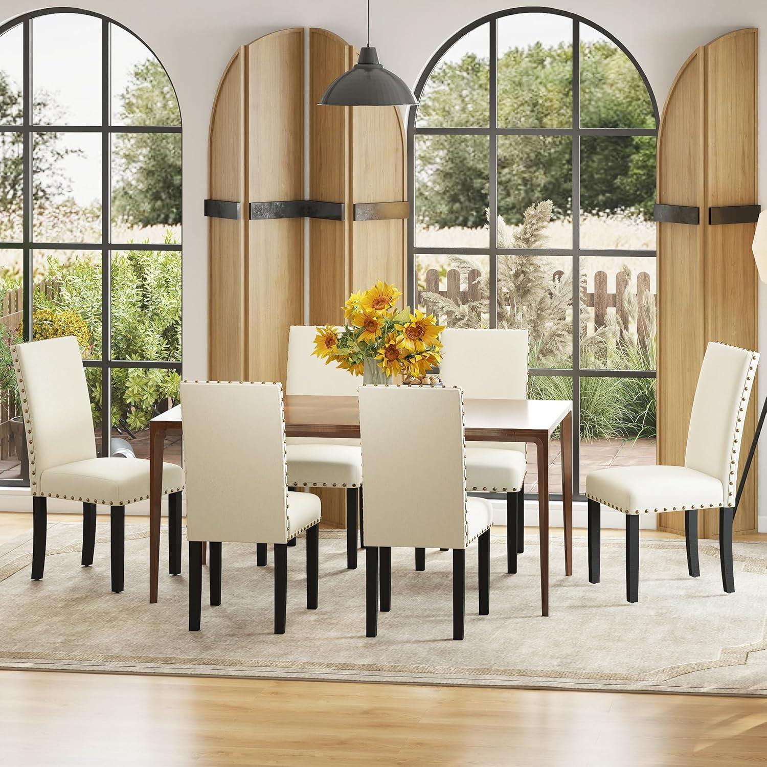 Costway Set of 2 Fabric Dining Chairs Upholstered with Nailhead Trim Beige