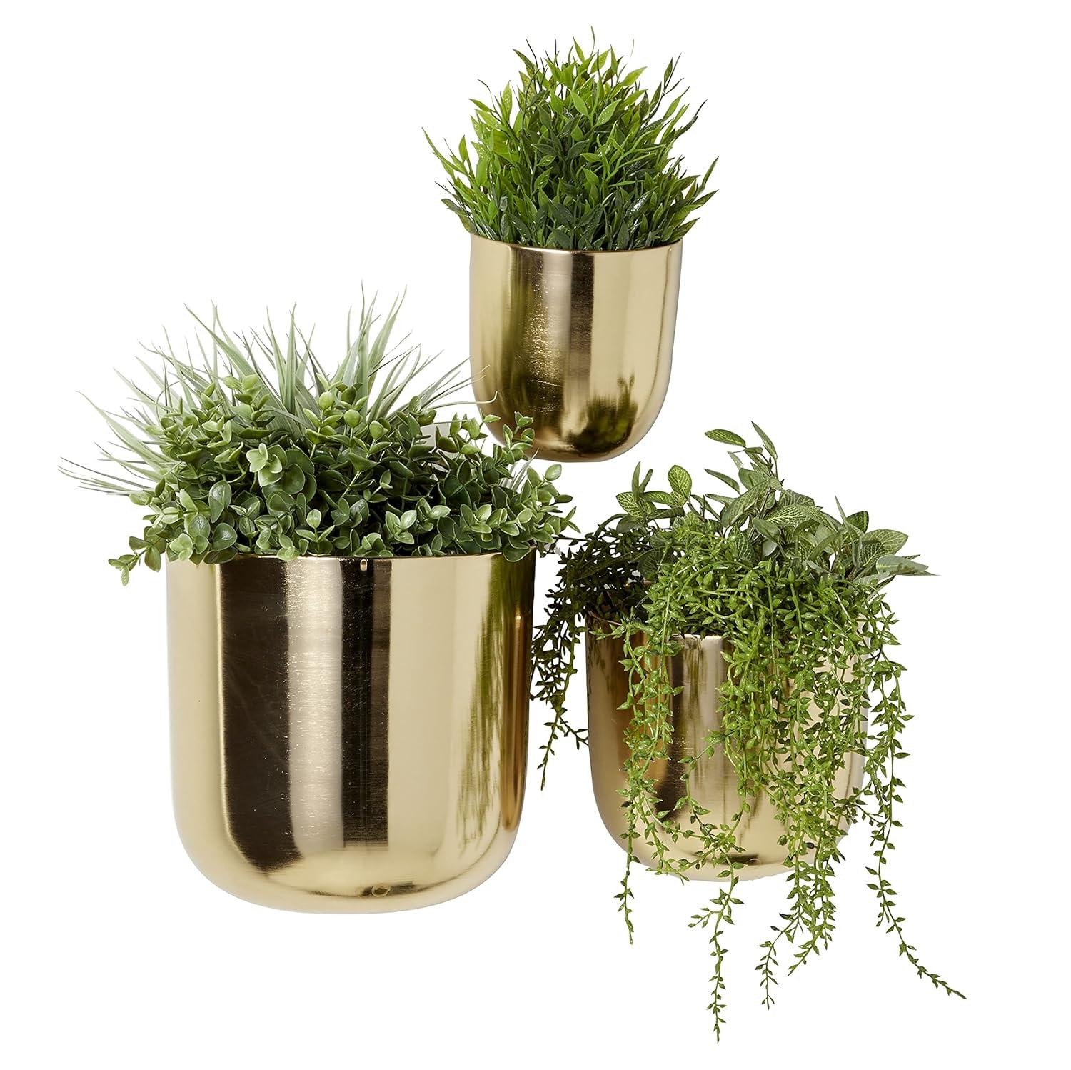 DecMode 9", 7", 6"H Round Gold Metal Indoor Outdoor Floating Wall Planter (3 Count)