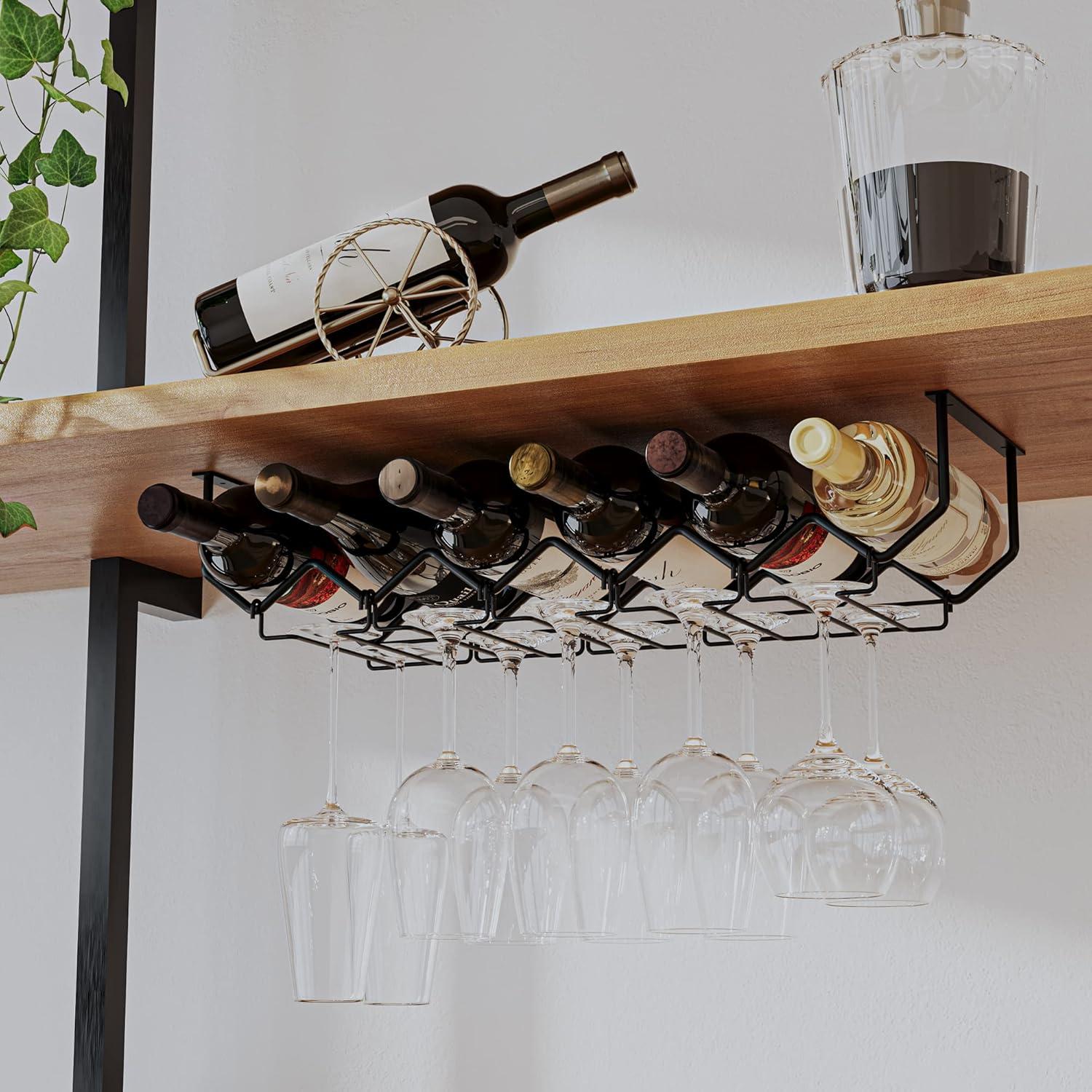 Black Metal Under Cabinet Wine Rack with Glass Holder