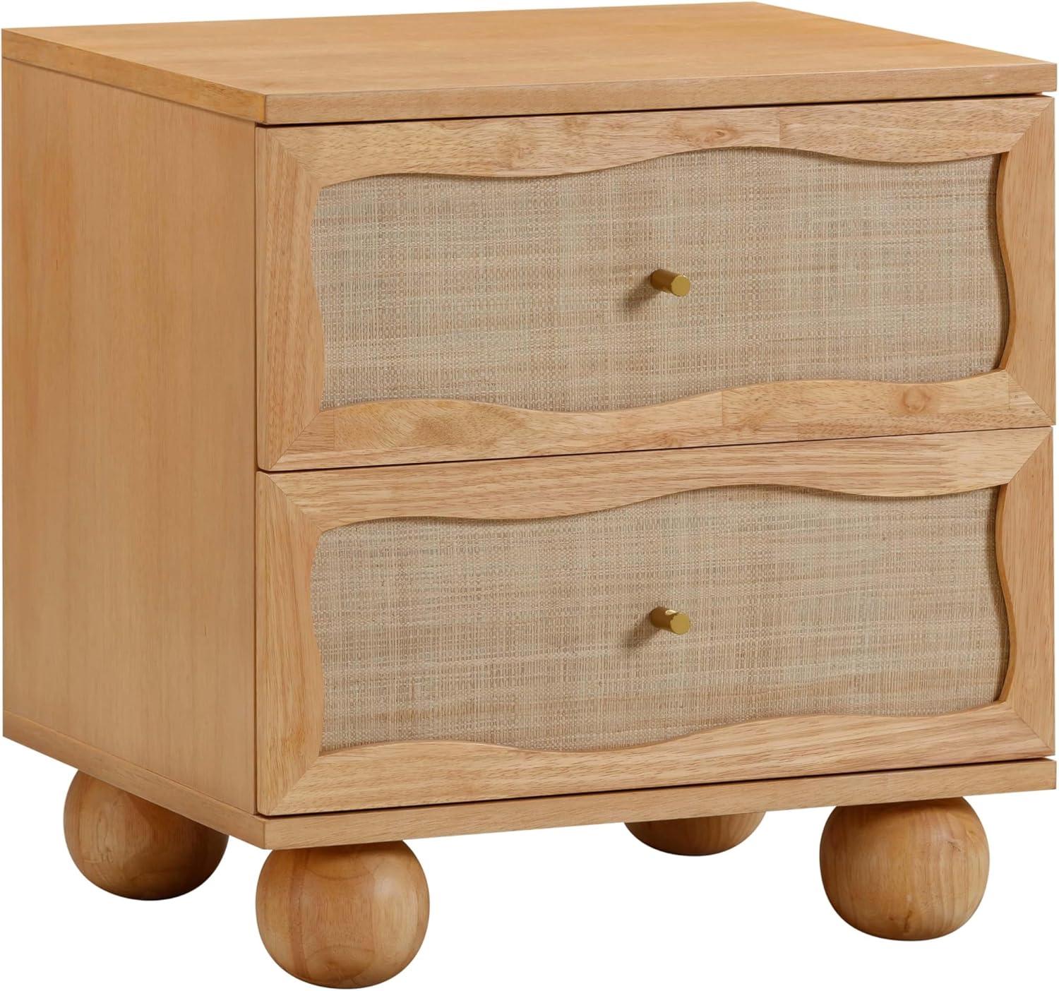 Natural Wood & Rattan 2-Drawer Nightstand with Brass Handles