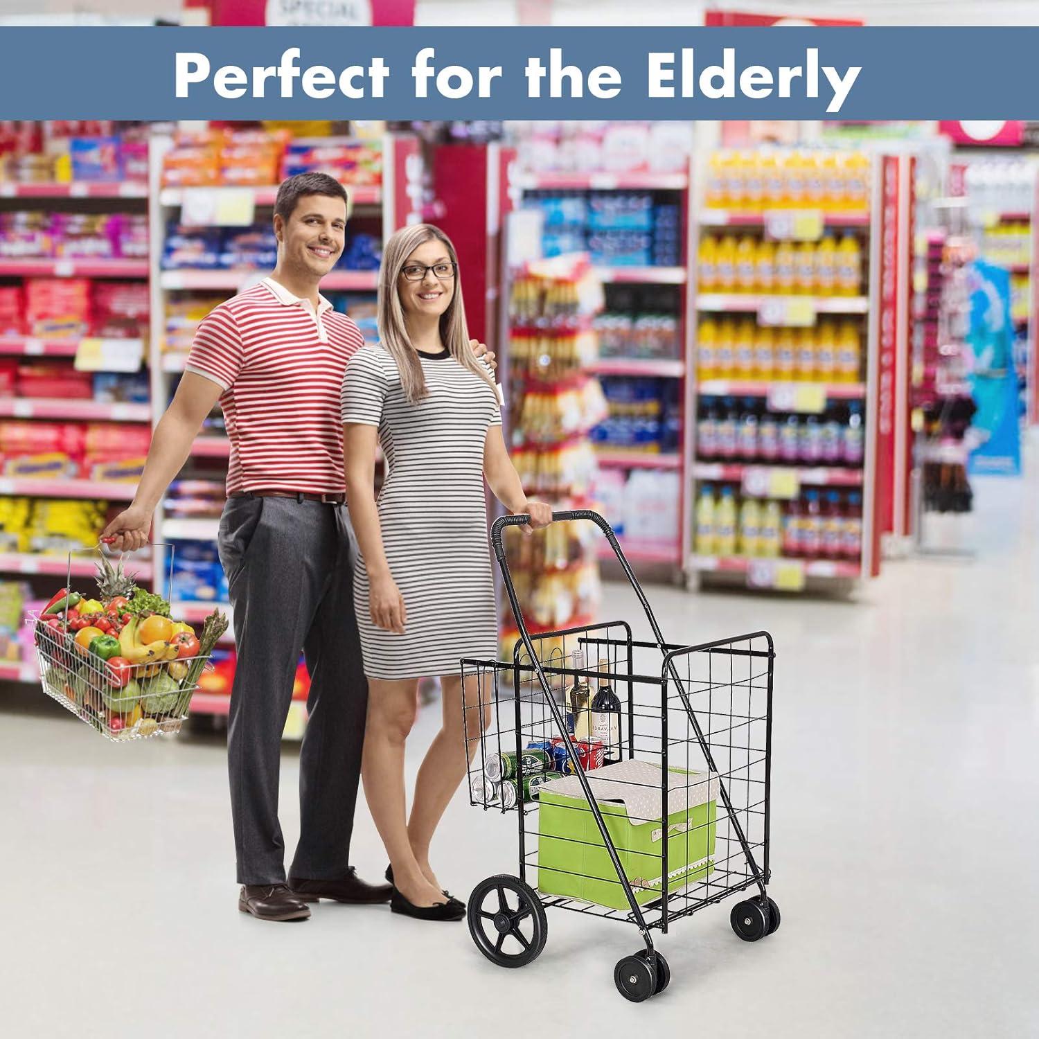 Exlonjet Folding Shopping Grocery Cart Metal Rolling Cart with Double Basket Non-Slip Handle and Swivel Wheels, Light Weight Utility Cart for Laundry Book Luggage Travel