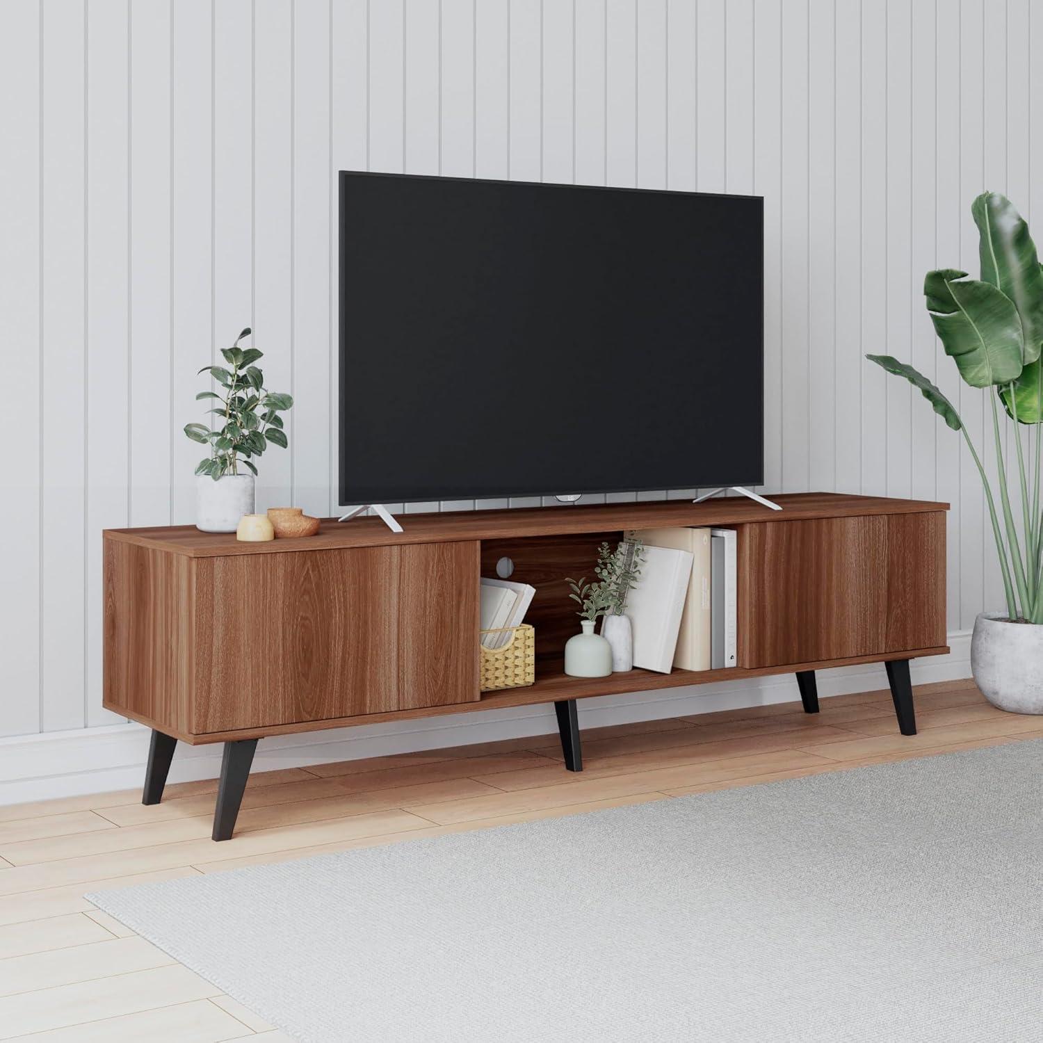 Nut Brown Mid-Century Modern TV Stand with Cabinet