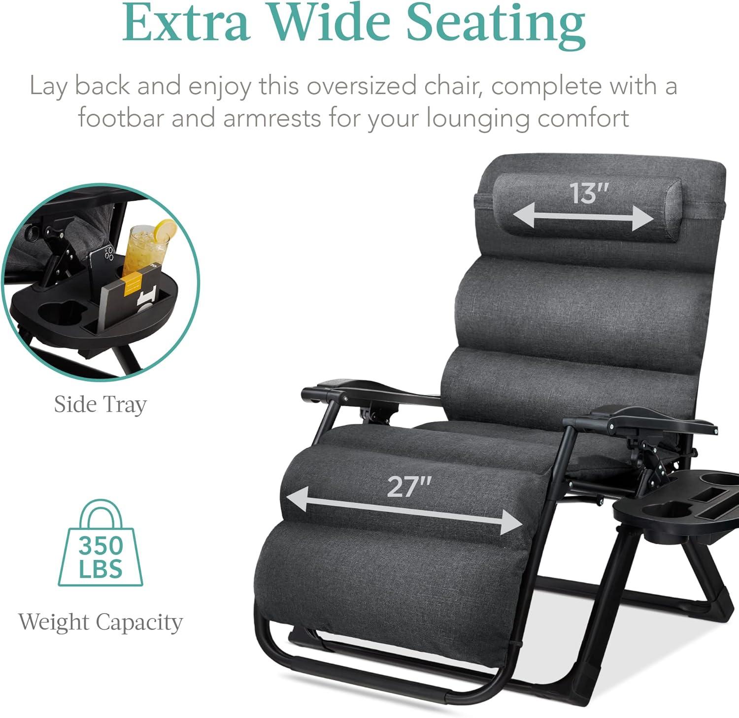 Best Choice Products Oversized Zero Gravity Chair, Folding Recliner w/ Removable Cushion, Side Tray