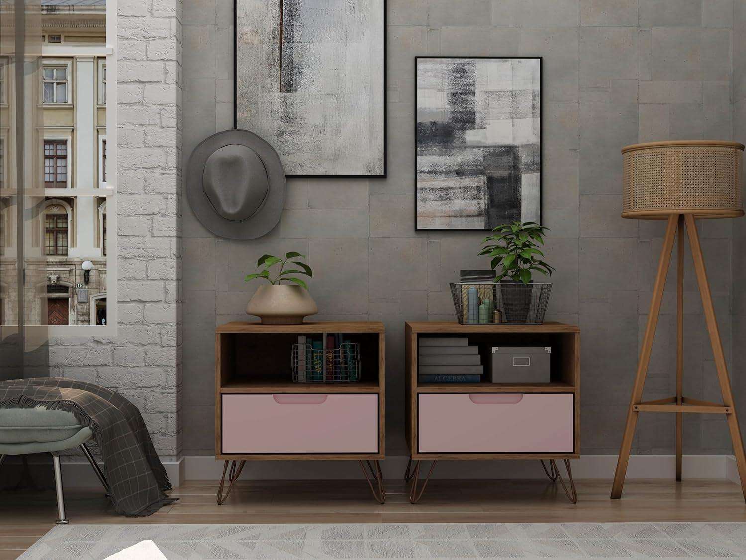 1.0 Rockefeller Nightstand Rose Pink - Manhattan Comfort: Mid-century Design, Metal Legs, Open Shelf