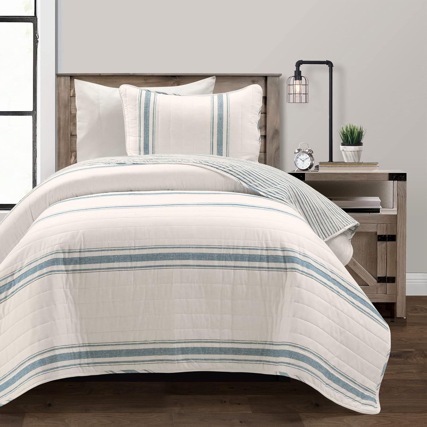 Blue and Off-White Striped Cotton Twin XL Reversible Quilt Set