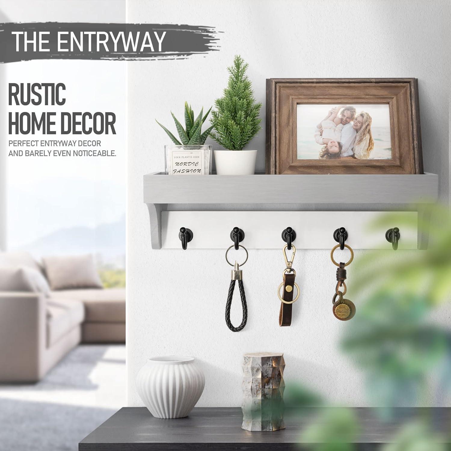 Rebee Vision Key Holder Wall Mount with Shelf - Key and Mail Organizer with 5 Hooks and Shelf (Gray&White, 14-inch)