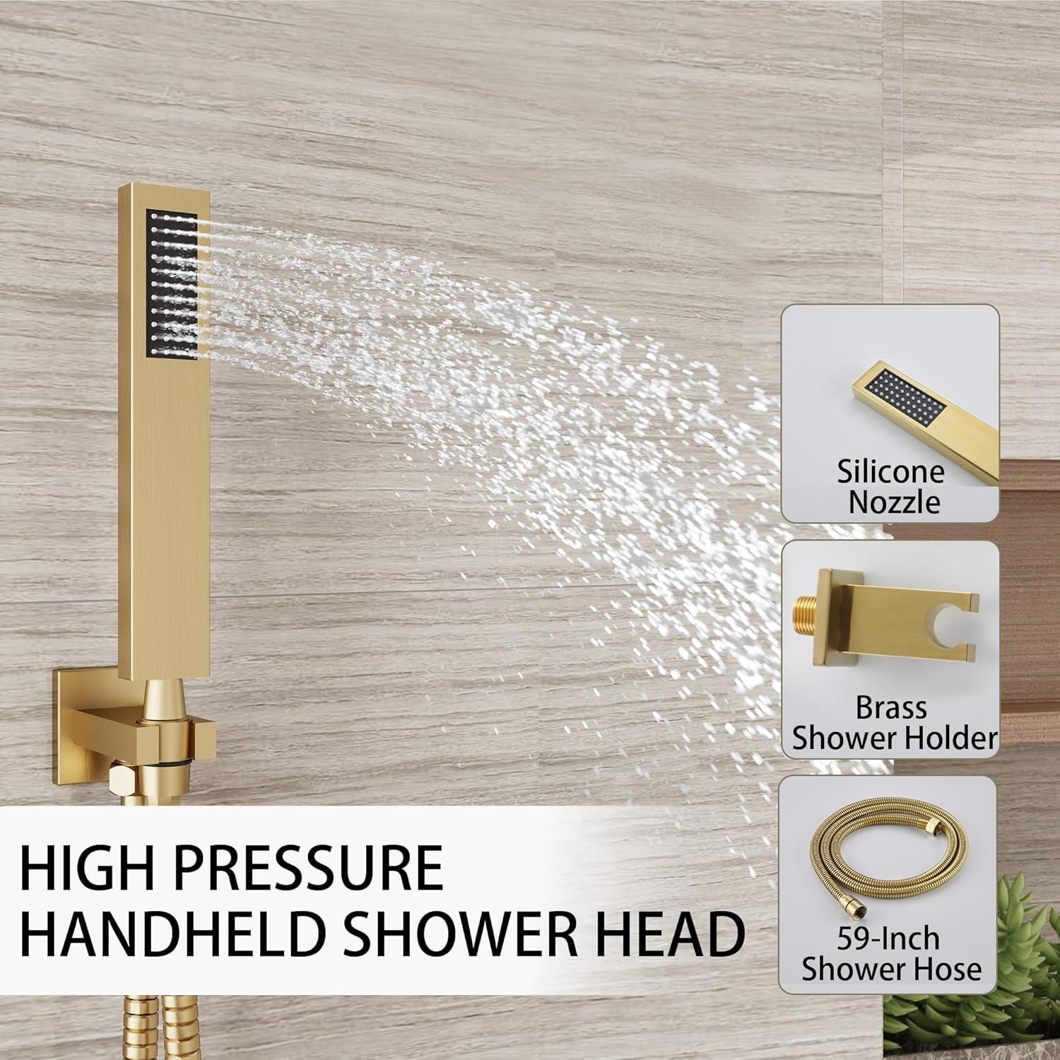 Shower system, 12" (approx. 30.5 cm) rain shower head and handheld spray bathroom shower unit with brass valve and wall trim kit Gold