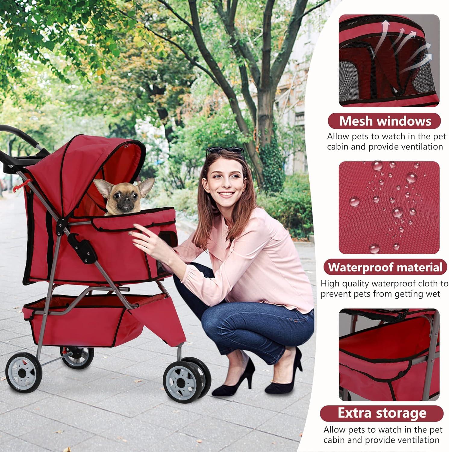 ToccoLeggero Pet Stroller Foldable Dog Stroller 3-Wheel Durable Cat Jogger Stroller For Small And Medium Dogs Cats With Washable Liner Storage Basket Cup Holder