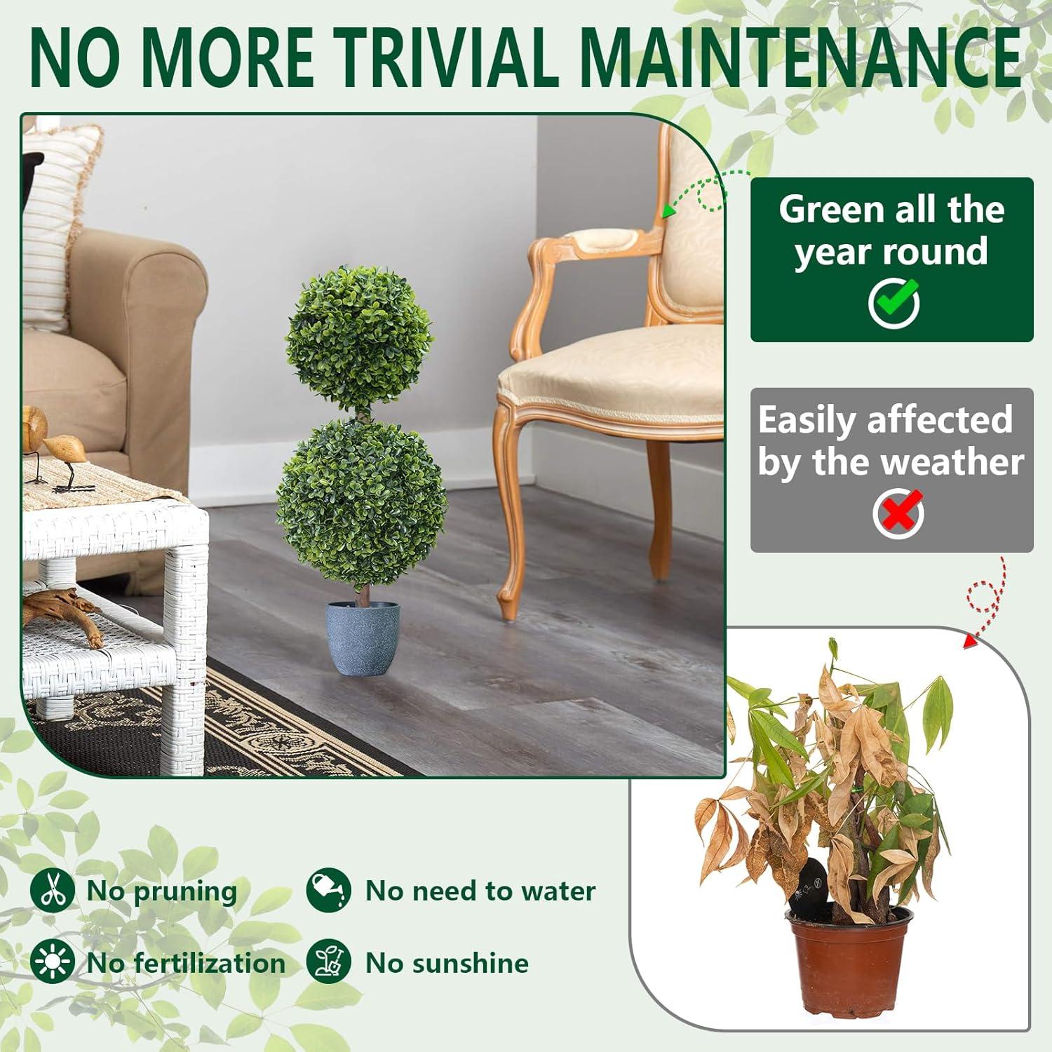 22’’ Faux Boxwood Topiary Ball Tree Set of 2, Artificial Plants Outdoor Weather Resistant, Cement-Filled Potted Bushes, Evergreen Topiary Trees Artificial for Porch Decoration Indoor Outdoor