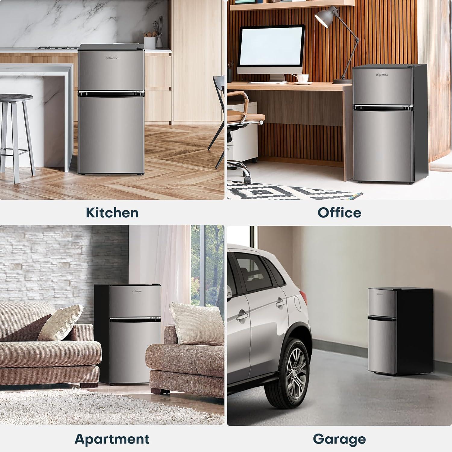 Upstreman 3.2 Cu.ft Mini Fridge with Freezer, Double Door Refrigerator-Classic Stainless