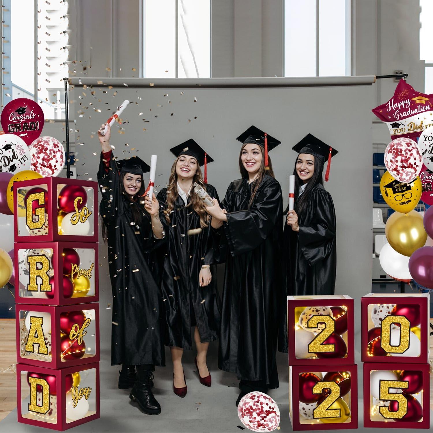 2025 Graduation Party Decoration, Red Gold Themed Set with Congrats Grad Banner, Balloons, Foil Number 2025 for Class of 2025 Graduation Party Supplies