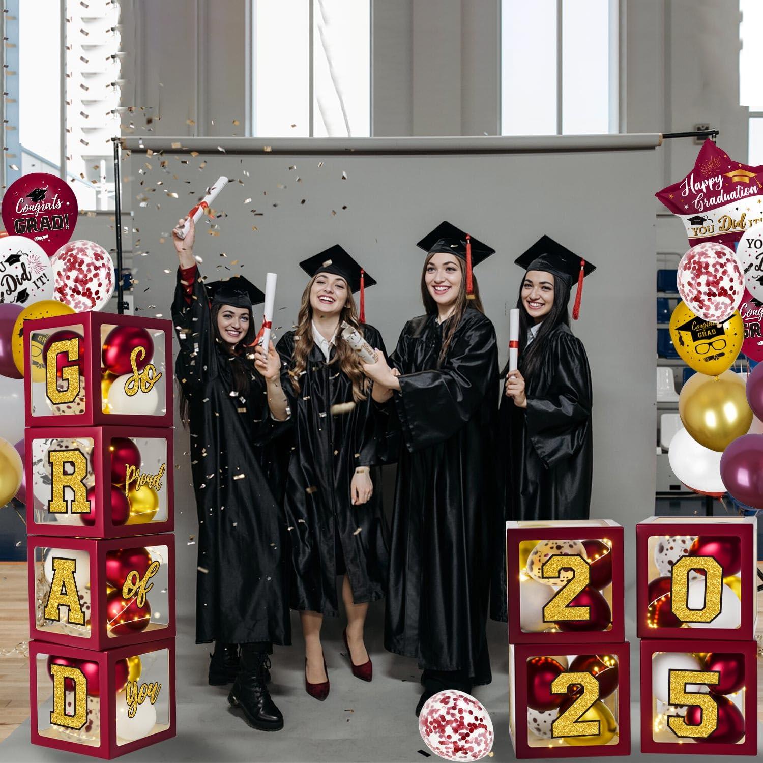 Graduation Party Decorations Class of 2025 Graduation Party Supplies Congrats Grad Banner Class of 2025 Backdrop, Paper Pompoms, Balloons for Congrats Grad Party Decorations (Burgundy-Gold)