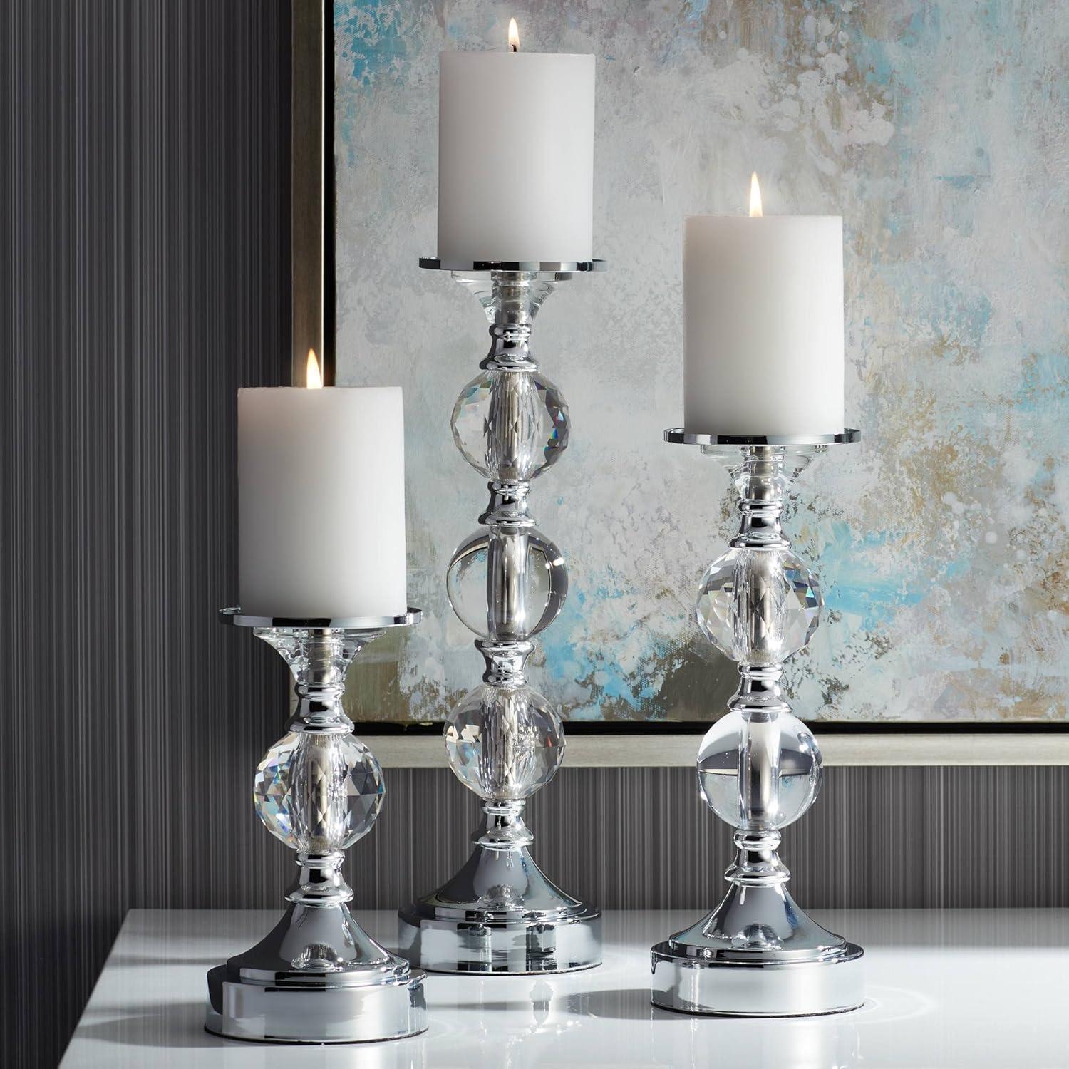 Dahlia Studios Caroline Chrome and Crystal Pillar Candle Holders Set of 3