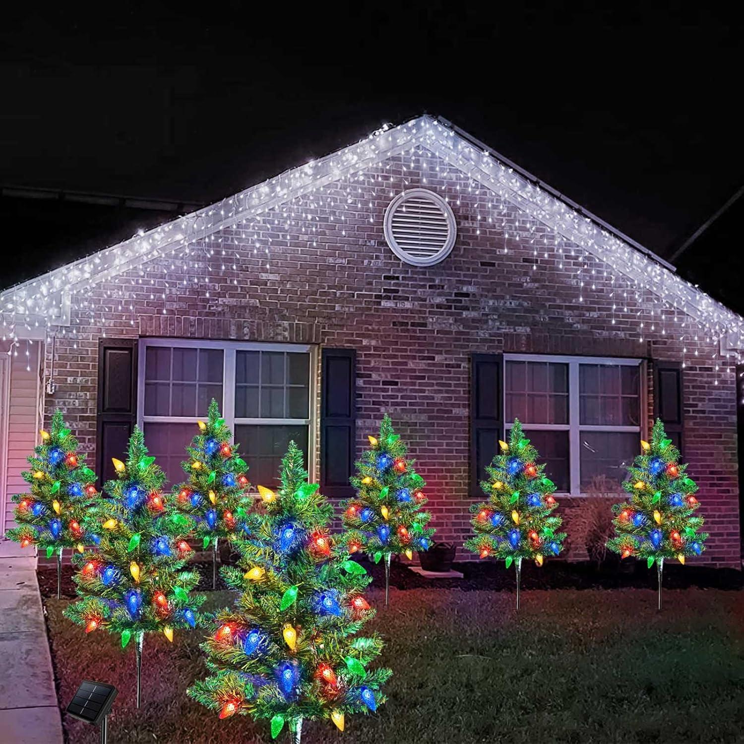 Homeleo 4 Set Solar Christmas Tree w/ 80pcs C6 LED Christmas Lights for Outdoor Christmas Decorations,Solar Powered Prelit Small Christmas Tree for Holiday Outside Pathway Garden Yard Decor C42