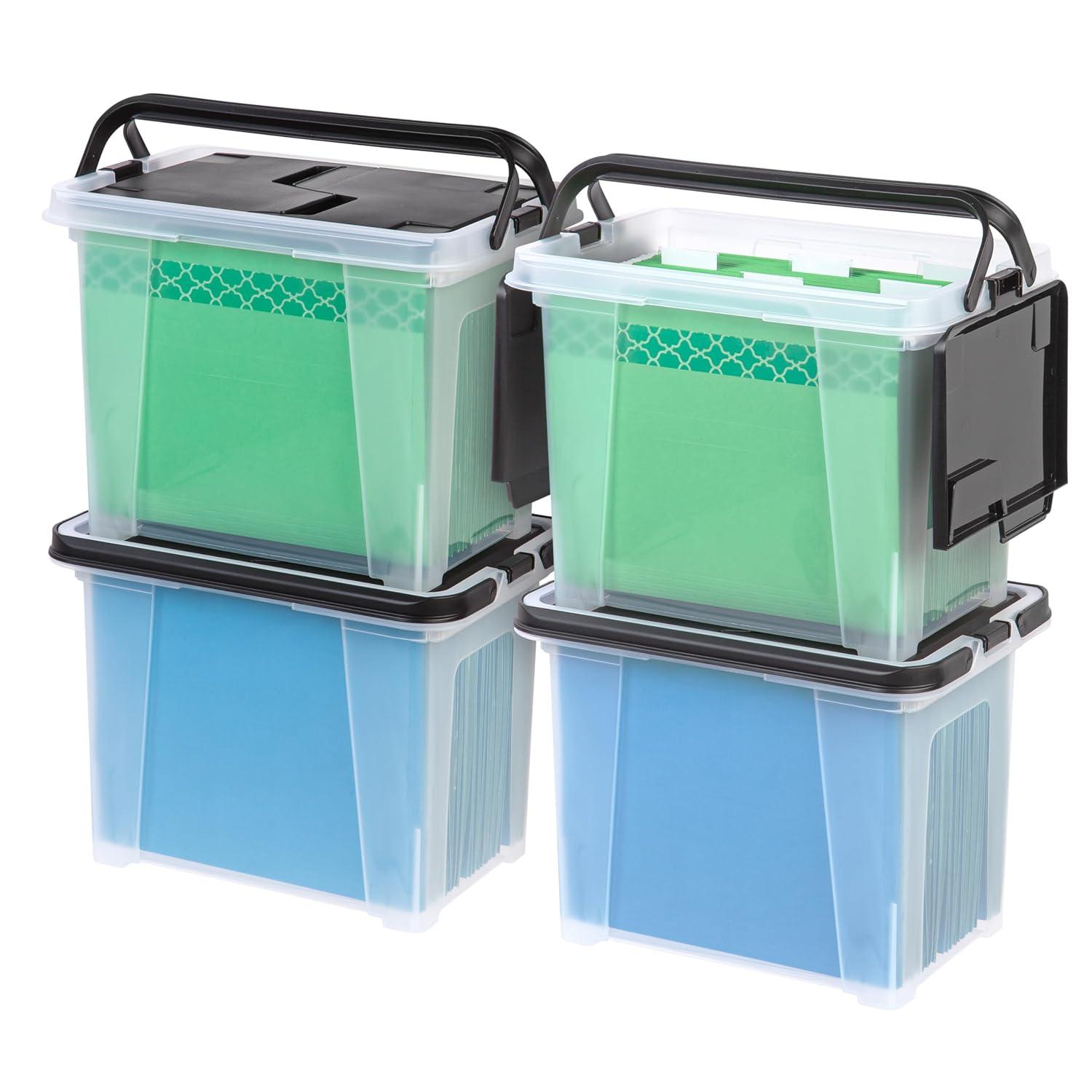 IRIS USA File Box File Organizer Plastic File Box w/ Winglid for Letter/Legal File, Clear 18 Qt. 4Pack