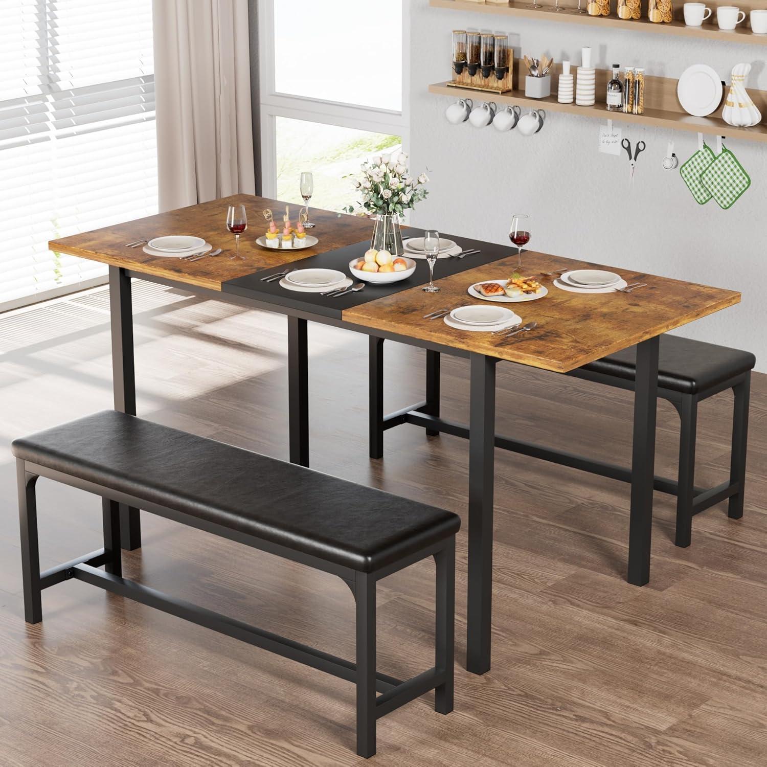 VECELO 63" Extendable Dining Table Set for 4-6, Modern 3-Piece Kitchen Table Set with 2 Upholstered Benches, Kitchen Table Set with Metal Frame & Wooden Board, Brown