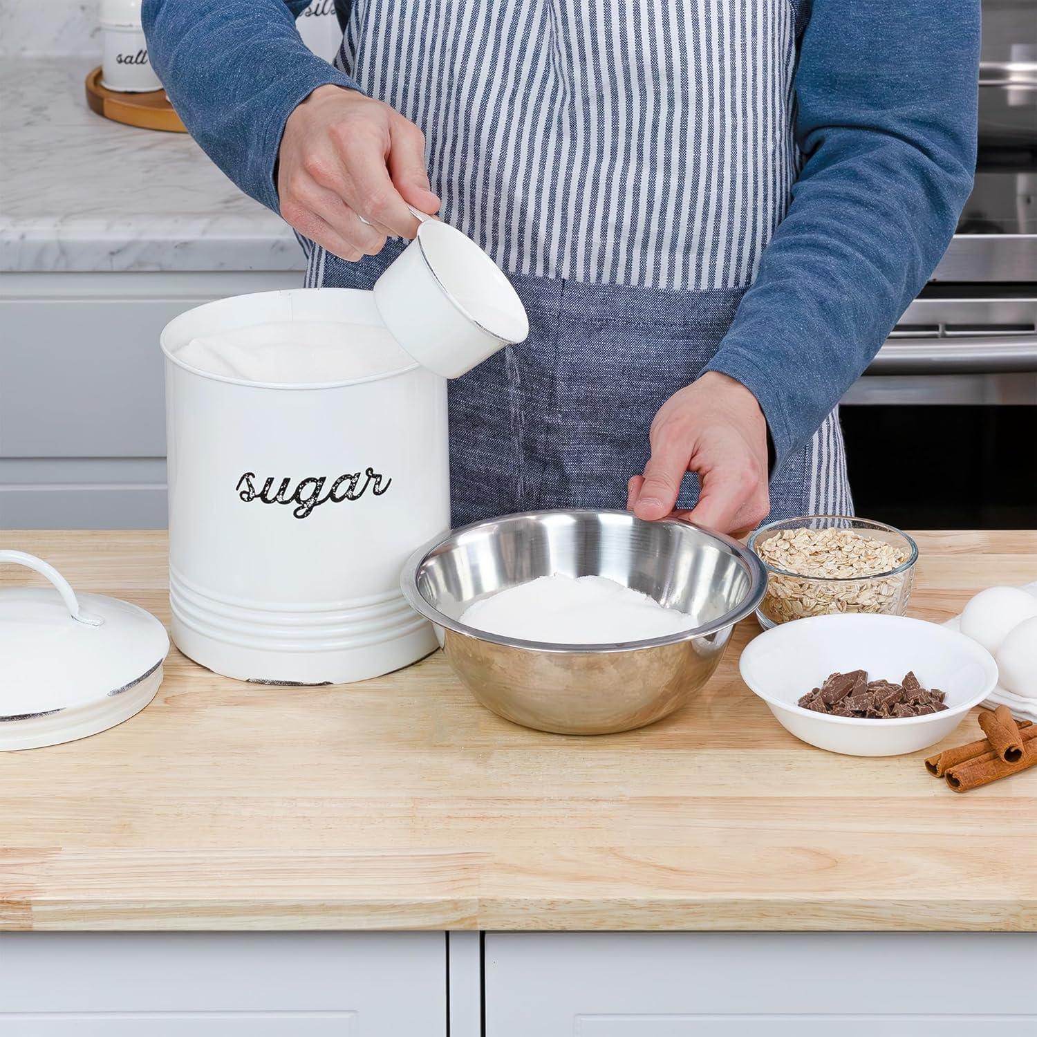 AuldHome Design Enamelware White Sugar Canister; Rustic Farmhouse Style Kitchen Storage