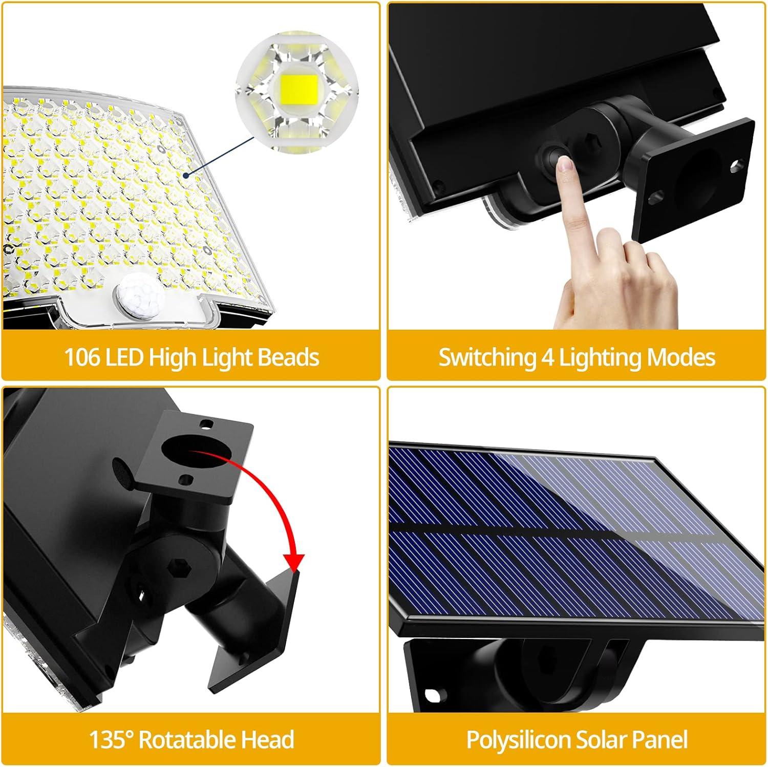 106 LED Solar Powered Motion Sensor Flood Lights - Dusk to Dawn Solar Security Wall Lights with Remote Control 4 Modes, 3000LM, IP65 Waterproof Outdoor Lighting Solution for Brighter Nights