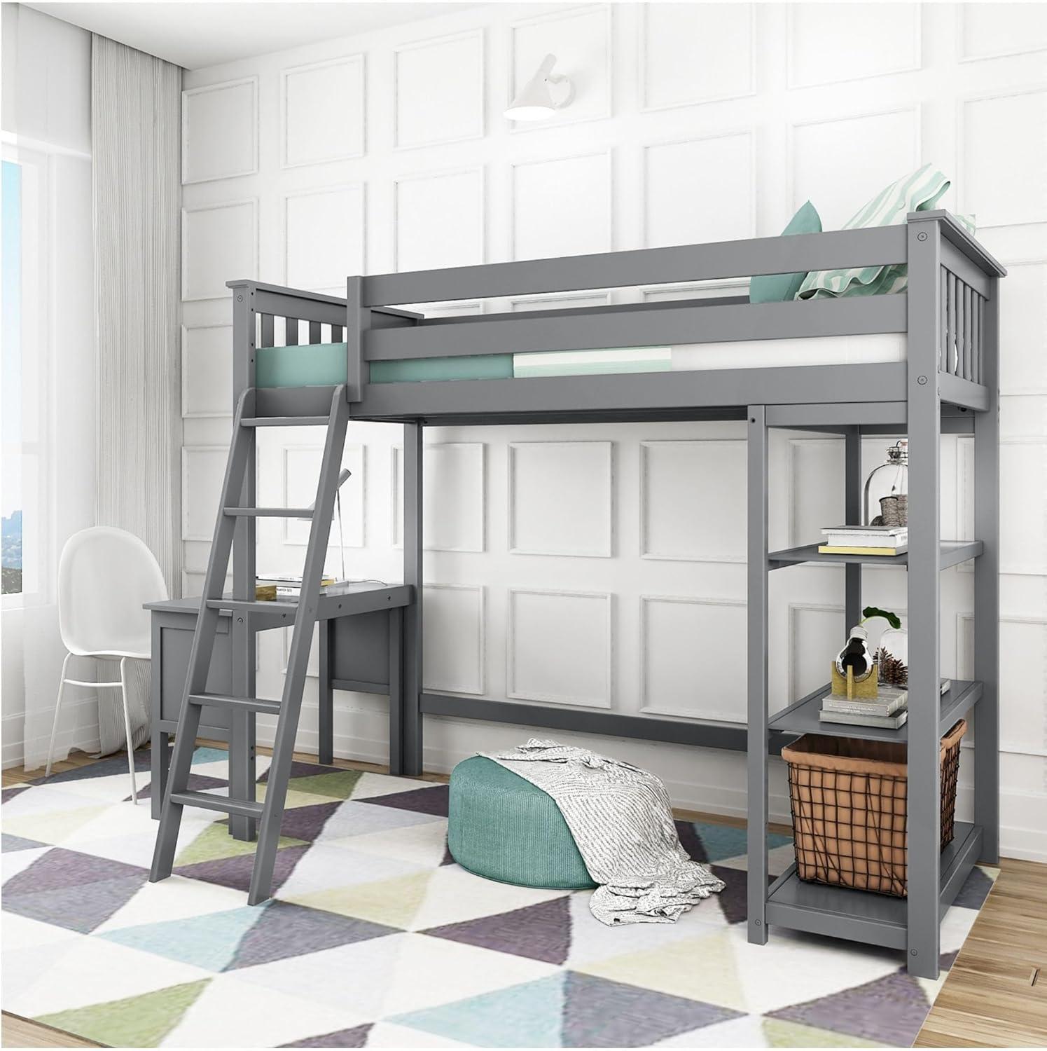 Max & Lily Loft Bed, Solid Wood Twin High Loft Bed with Bookcase and Desk for Kids, White