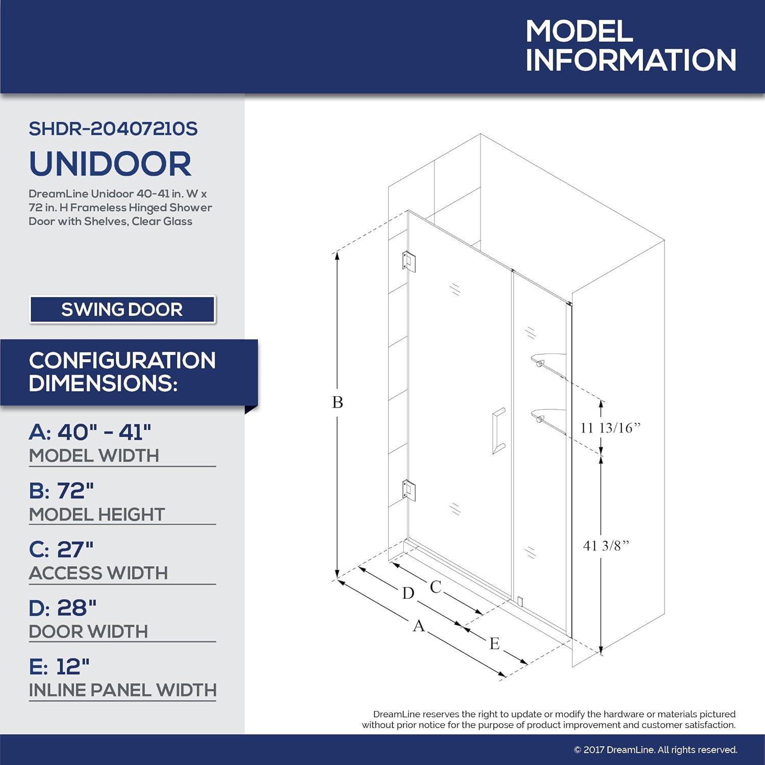Unidoor Frameless Hinged Shower Door with Glass Shelves