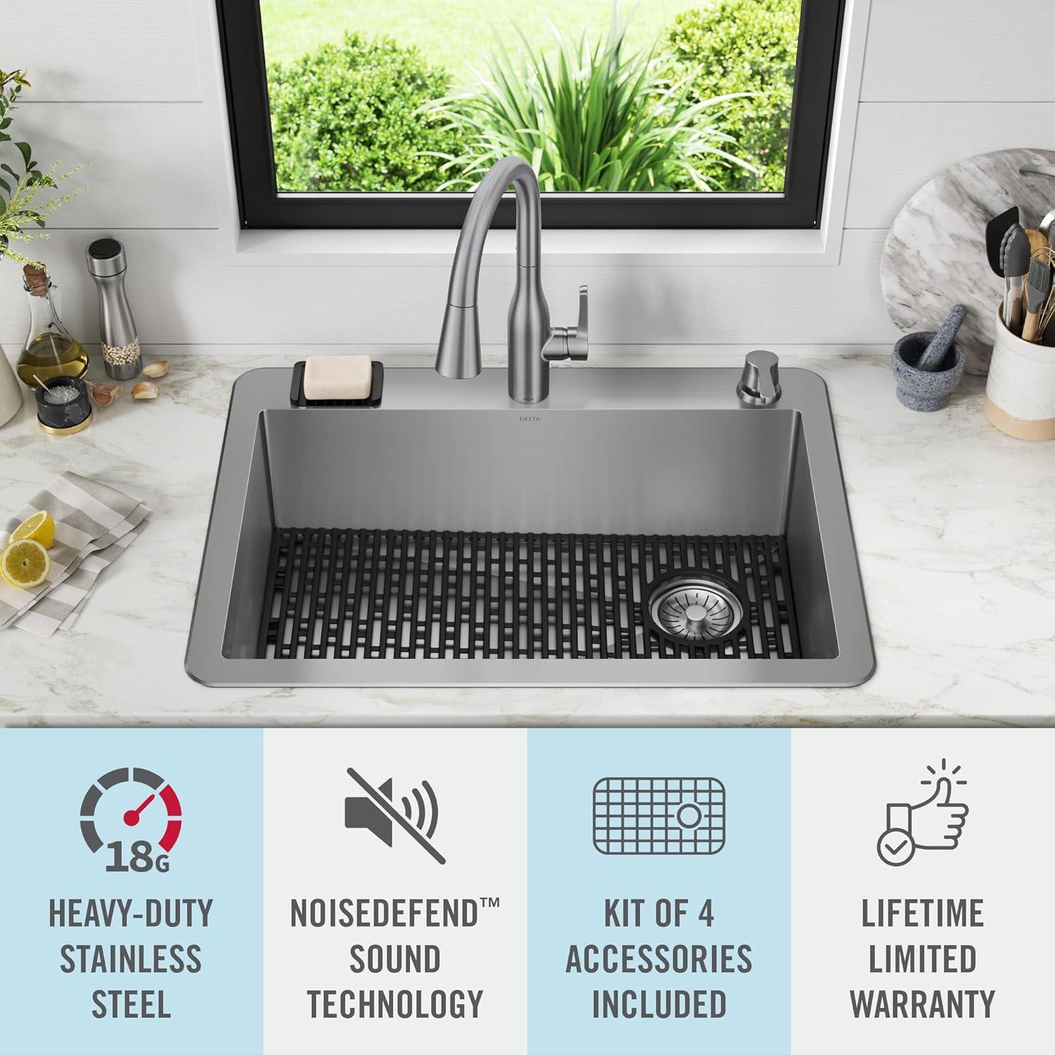 Delta Marca™ Drop-In Undermount Stainless Steel Single Bowl Kitchen Sink with Accessories