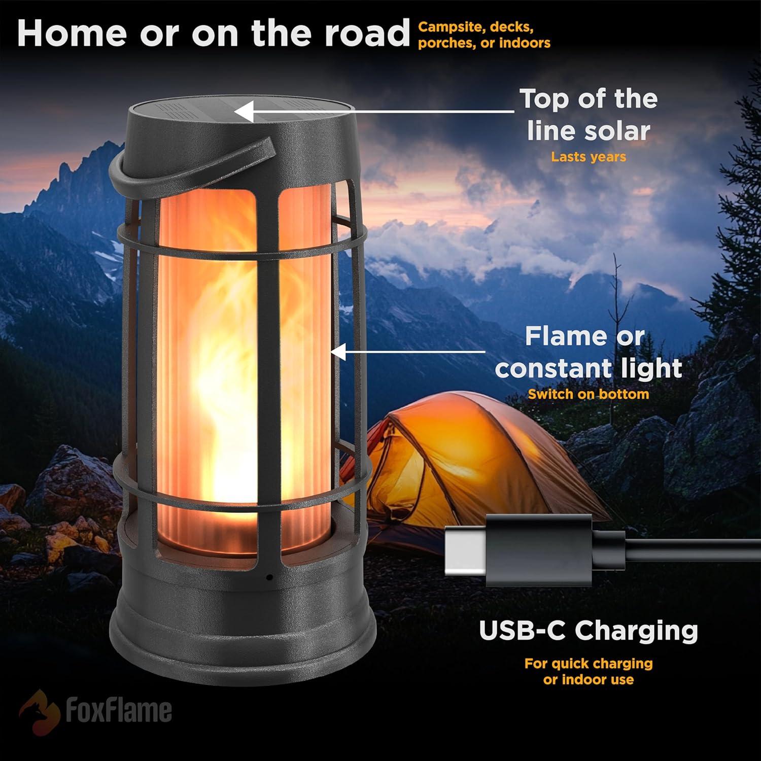 FoxFlame Professional Metal Solar Flame Lantern - Patented LED Flickering - Outdoor Waterproof - Hanging Option