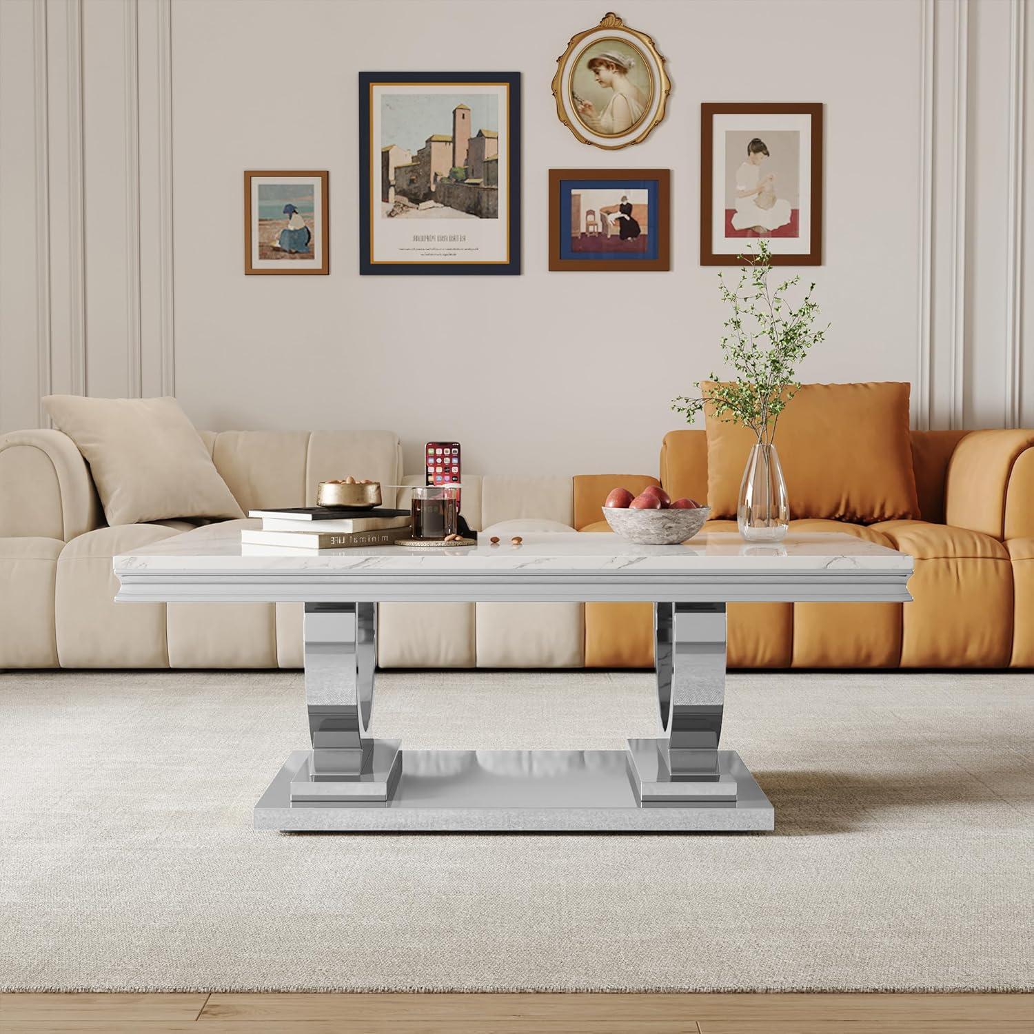 Rectangle Marble Coffee Table With Stainless Steel Base