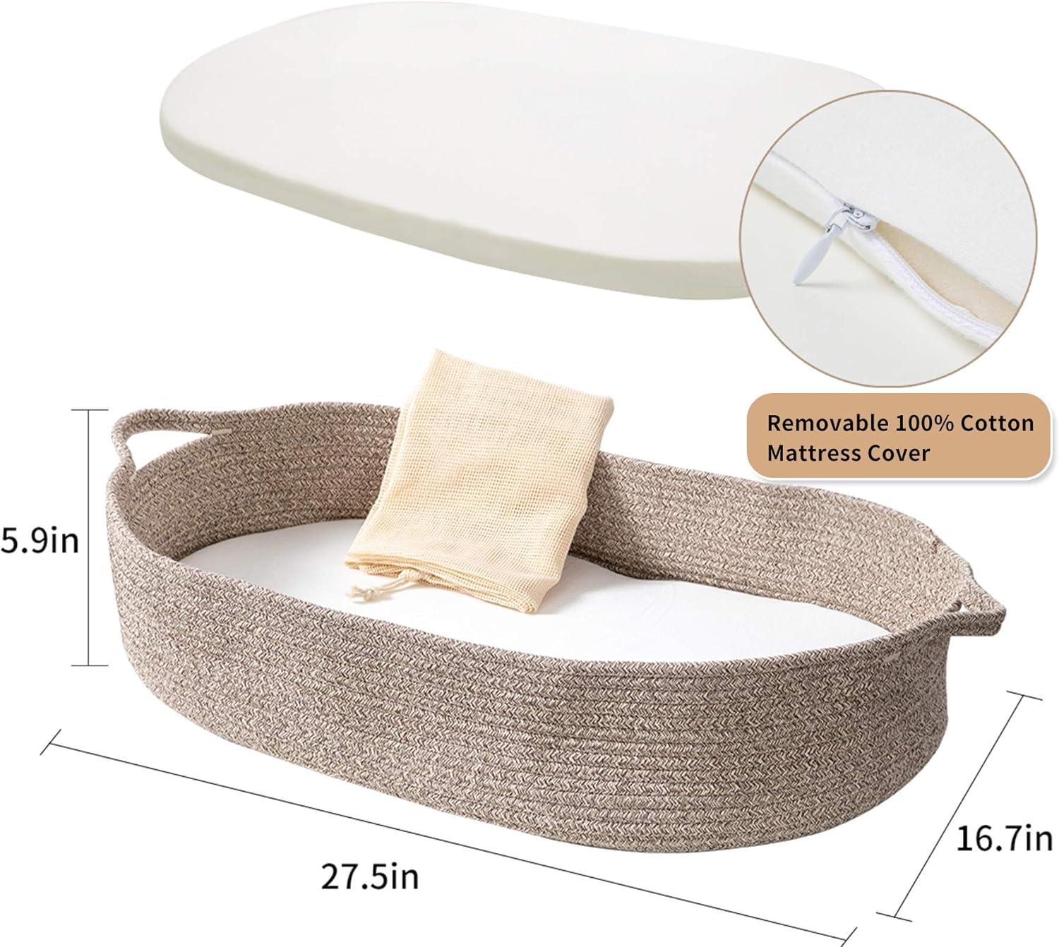 Baby Changing Basket - Moses Basket Changing Table Topper and Thick Foam Pad with Removable Cotton Mattress Cover, 100% Cotton Boho Nursery Decor in Coffee Color with Storage Bag