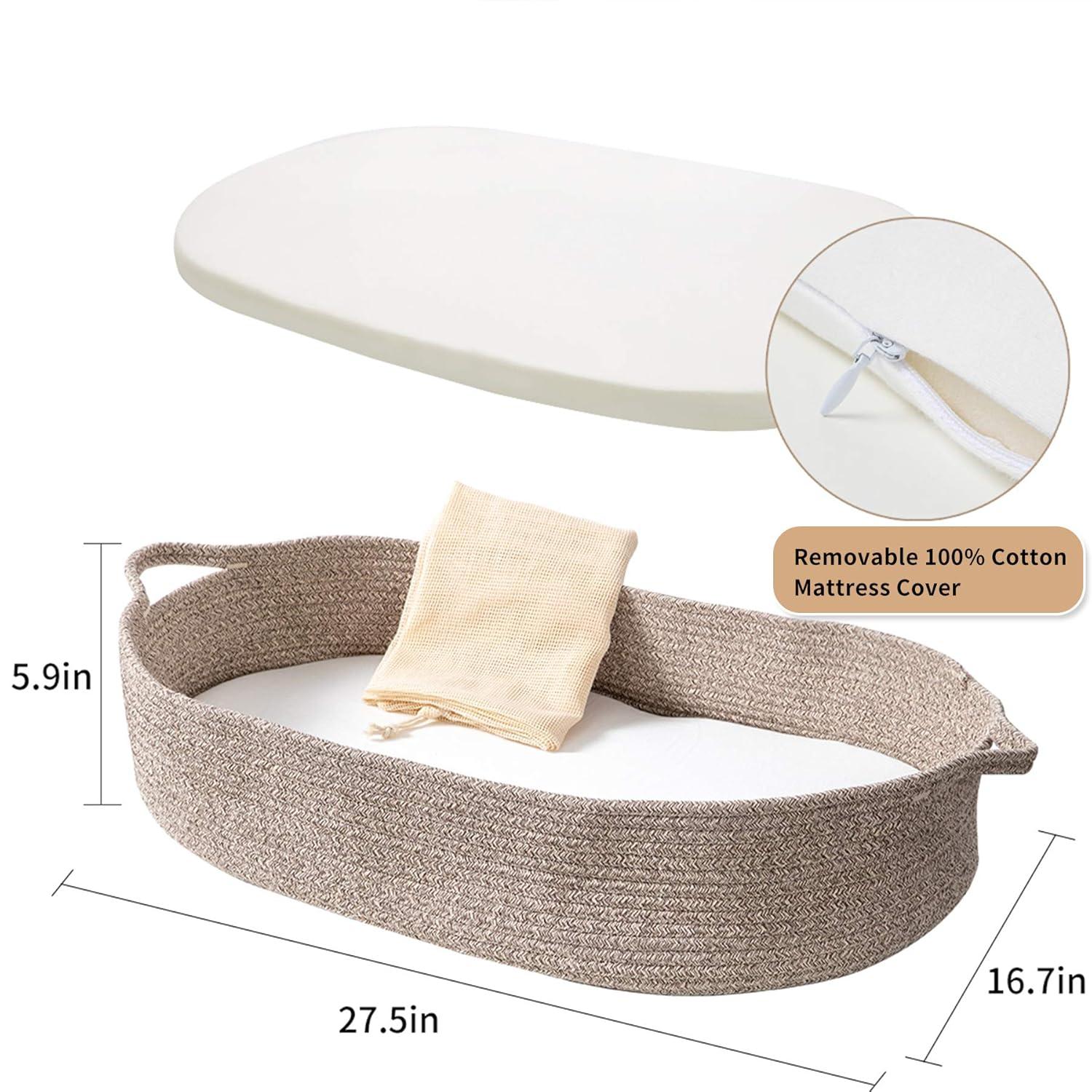 Baby Changing Basket - Moses Basket Changing Table Topper and Thick Foam Pad with Removable Cotton Mattress Cover, 100% Cotton Boho Nursery Decor in Coffee Color with Storage Bag