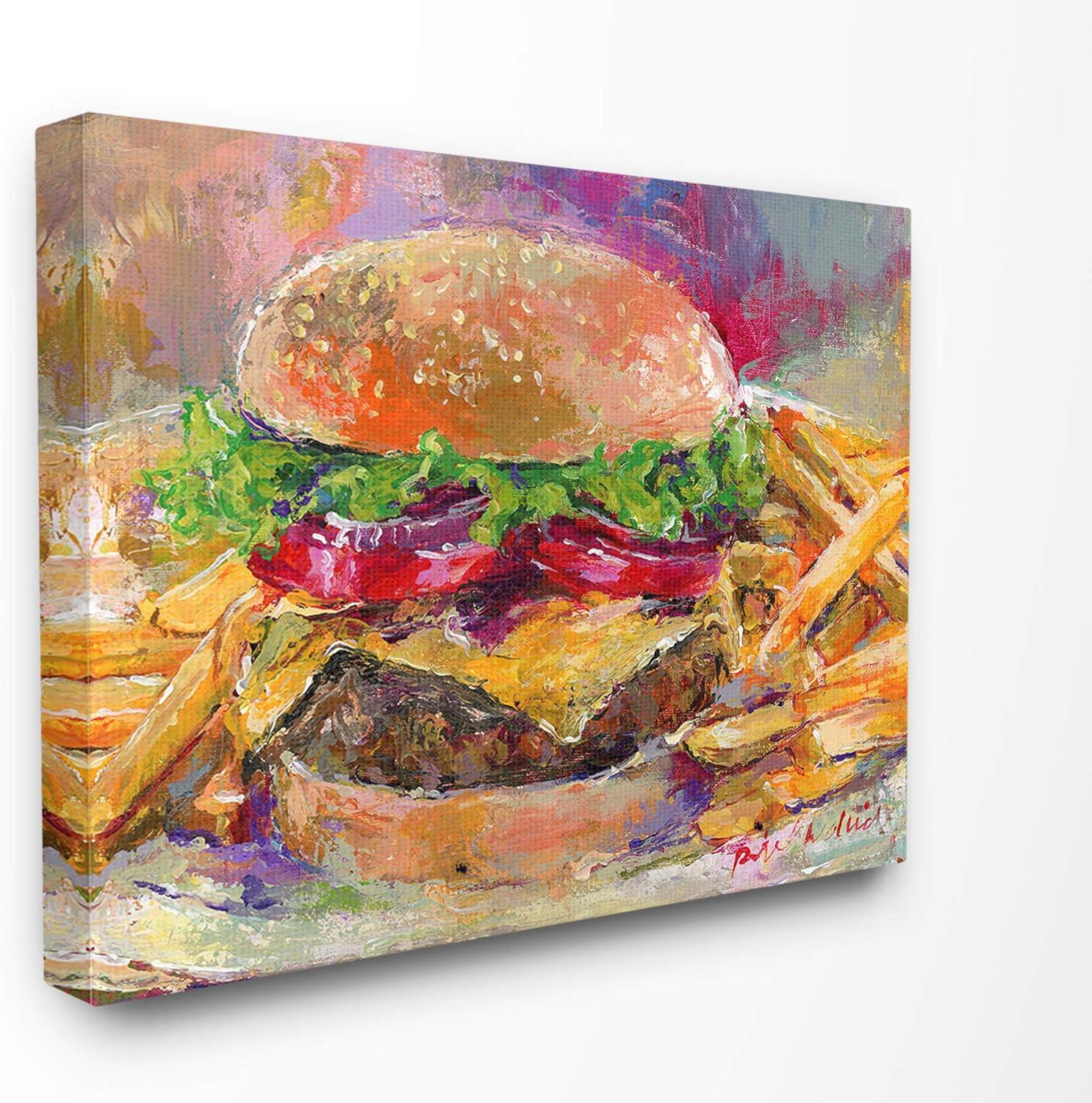 The Stupell Home Decor Collection Brightly Colored Hamburger and Fries Still Life Food Painting Oversized Stretched Canvas Wall Art, 24 x 1.5 x 30