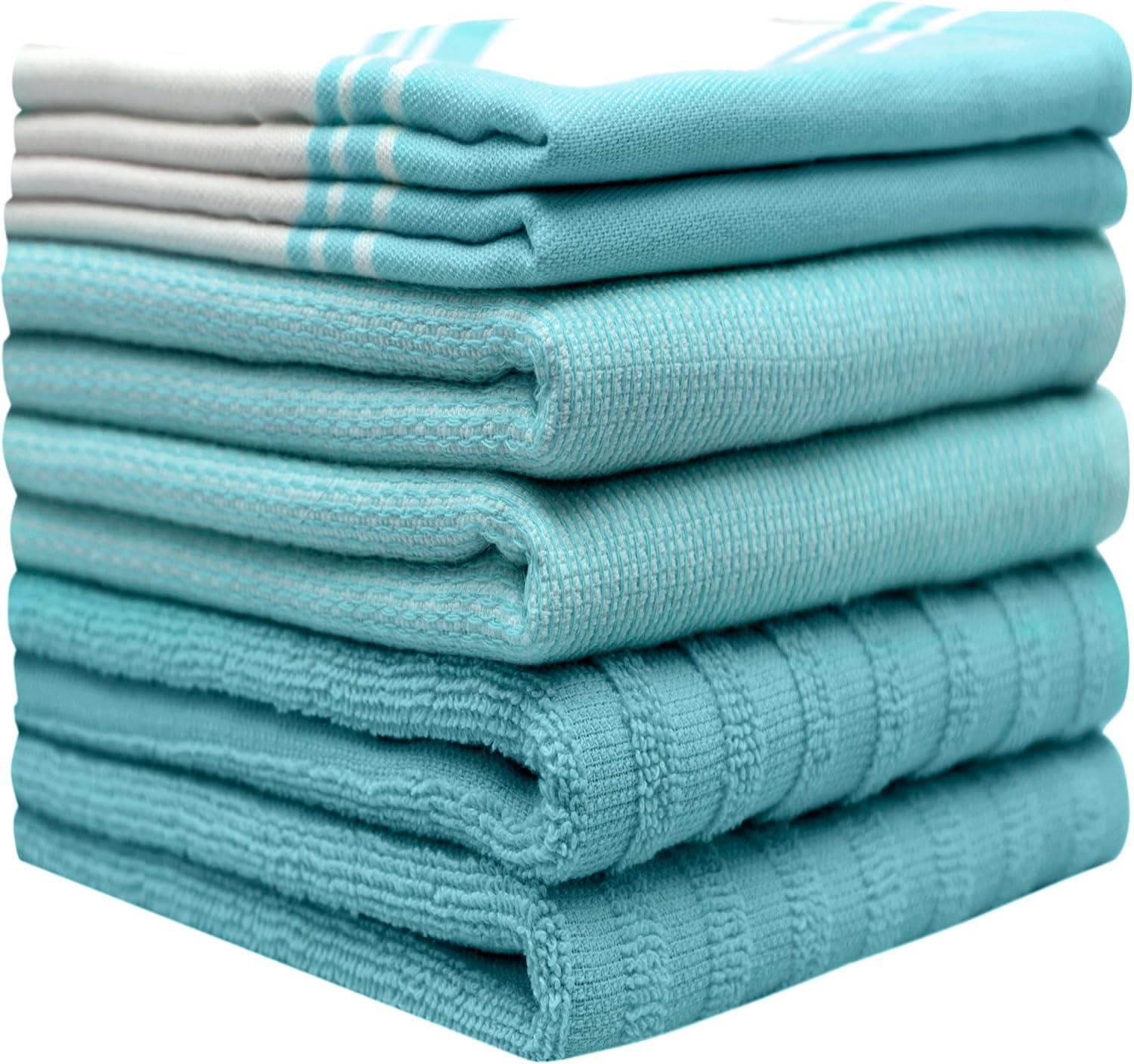 Aqua Cotton Terry and Flat Kitchen Towels Set, 20”x 28”, 6 Pack