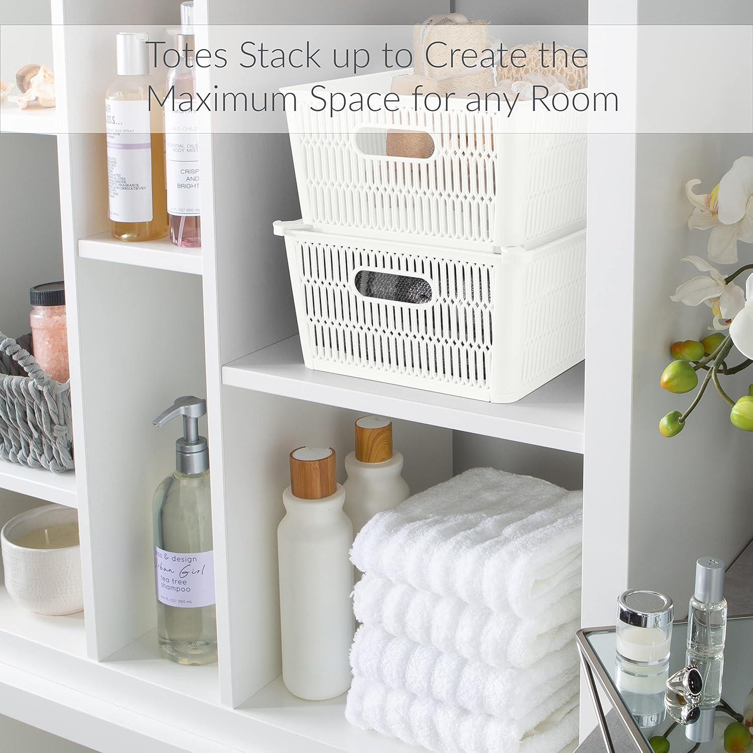 Simplify Slide 2 Stack It 2 Pack Plastic Storage Tote Baskets in White