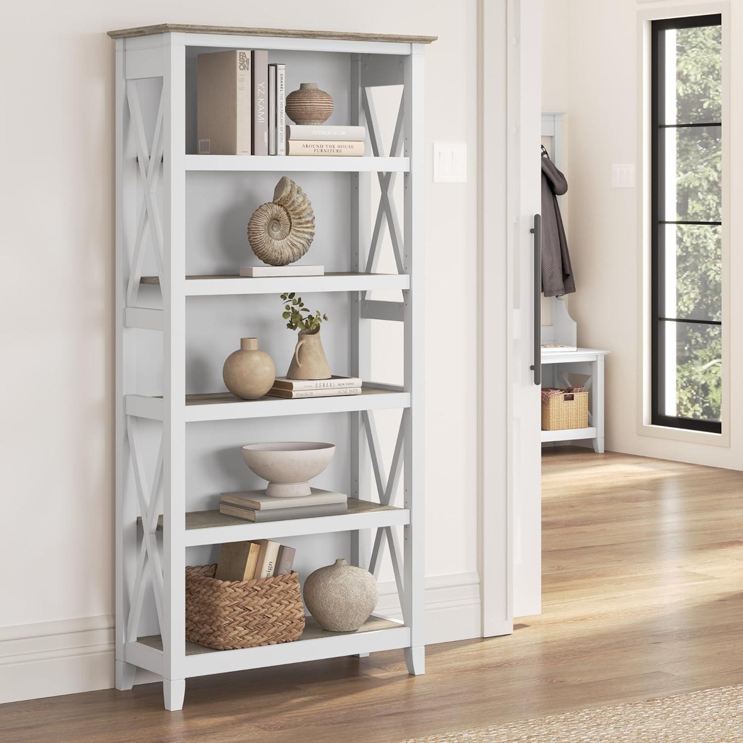 Bush Furniture Key West Tall 5 Shelf Bookcase, Pure White & Shiplap Gray