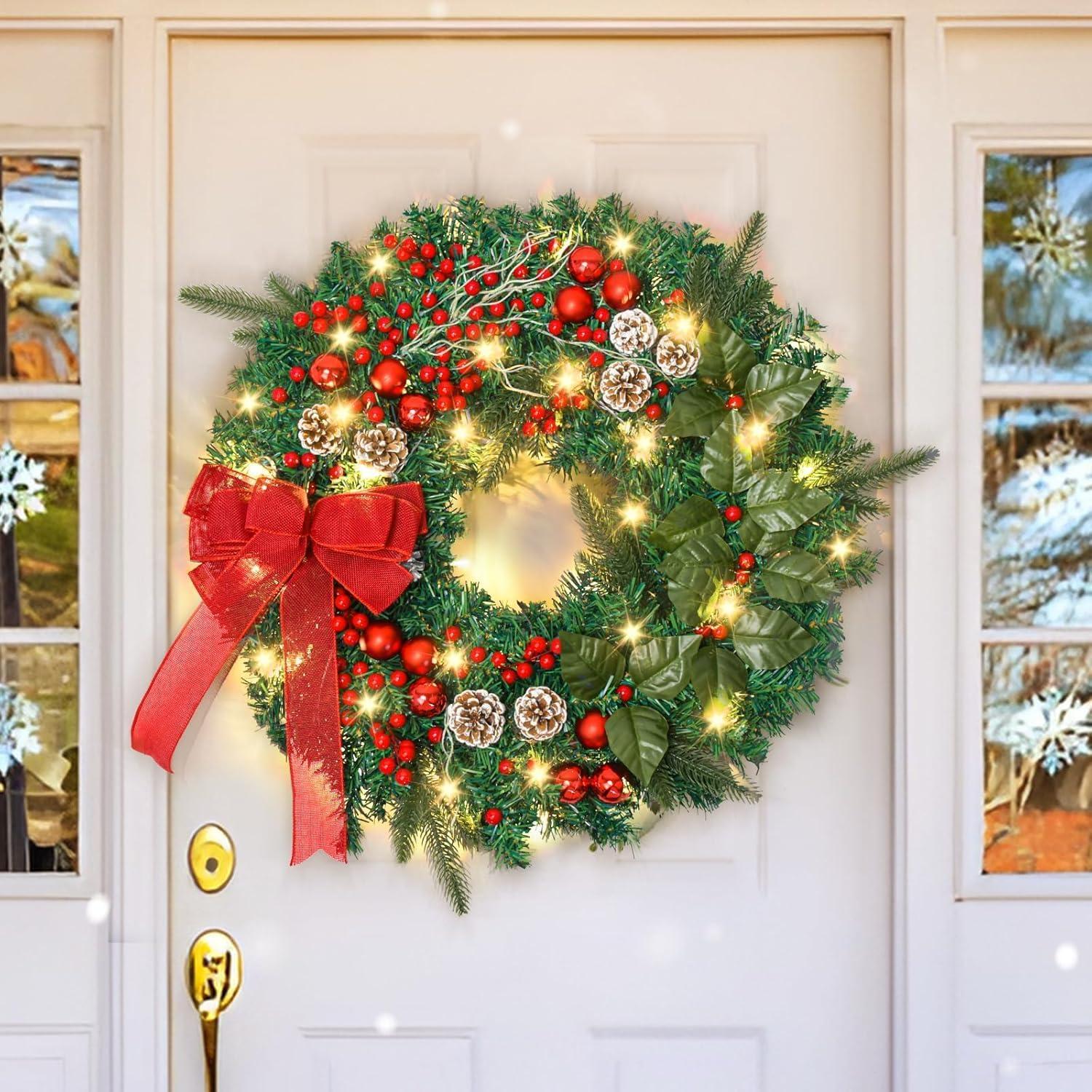 24in Prelit Christmas Wreath Battery Operated 50 Multicolored Lights with Pinecone and Red Berries, Lifelike Snow