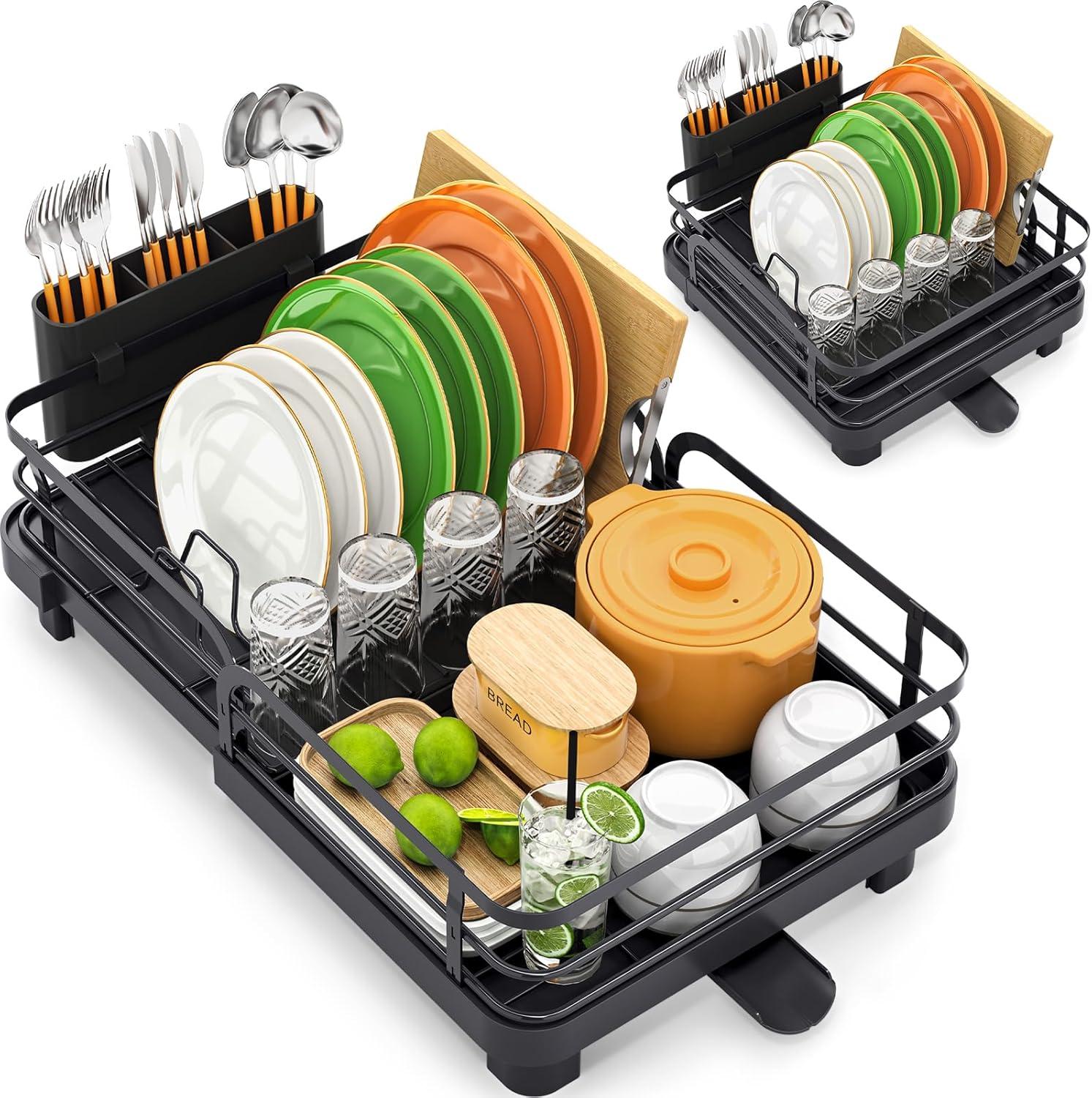 Anadea Expandable Dish Rack For Kitchen Counter, Large Dish Drainer, Stainless Steel Drying Dish Rack With Utensil Holder