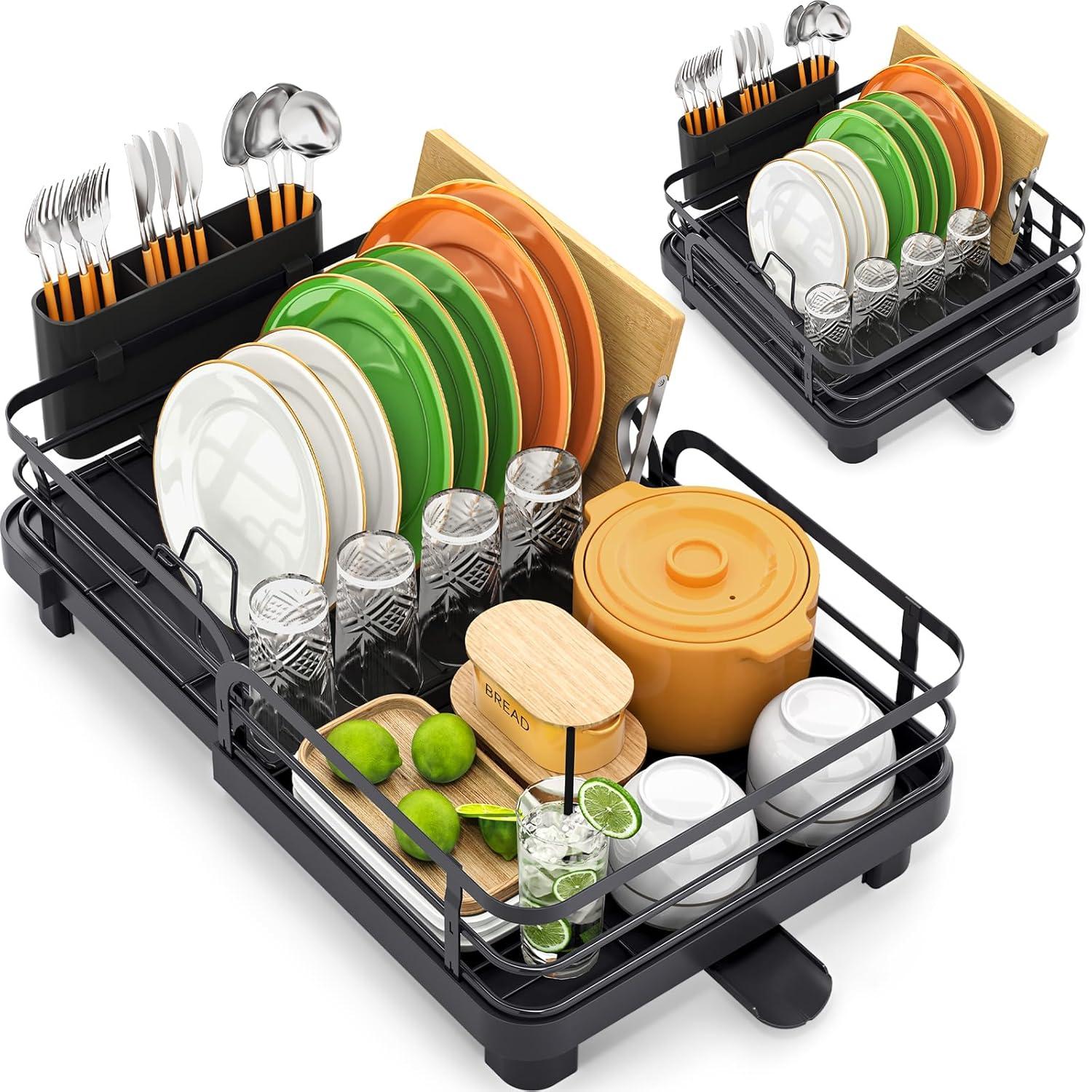 Anadea Expandable Dish Rack For Kitchen Counter, Large Dish Drainer, Stainless Steel Drying Dish Rack With Utensil Holder