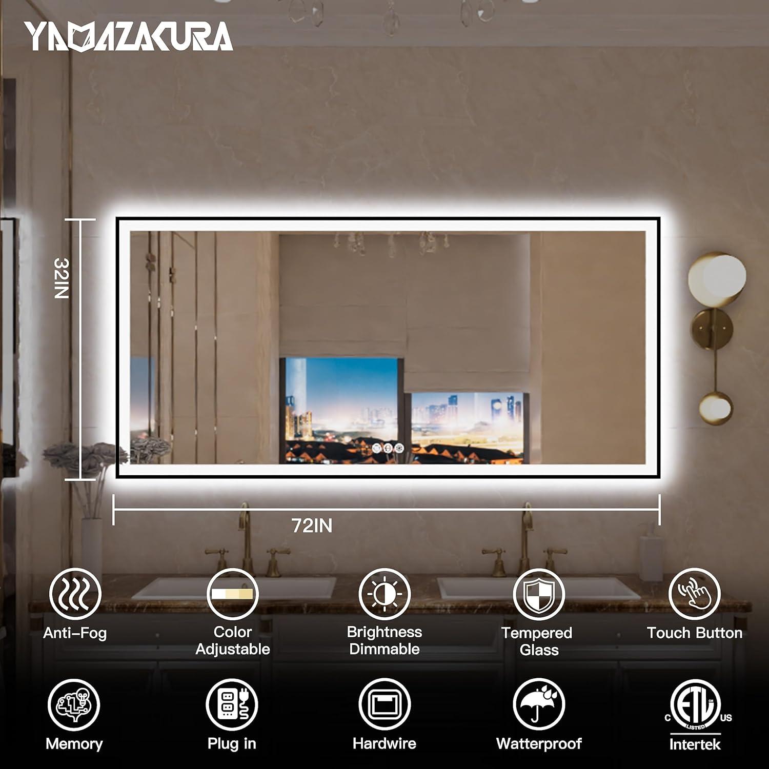 Large LED Bathroom Mirror 72x32 with Backlit and Front Lighted, Framed Dimmable Illuminated Mirror for Wall Anti-Fog Shatterproof (Horizontal/Vertical)