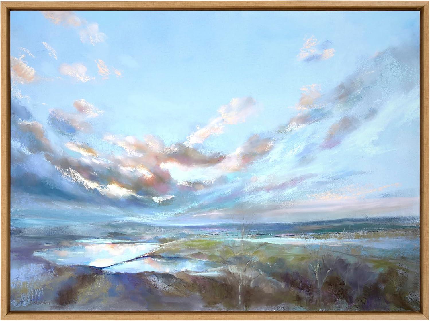 Kate and Laurel Sylvie Looking West Fairburn Ings Framed Canvas Wall Art by Nel Whatmore, 28x38 Natural, Blue Ocean Skies Landscape Painting Art for Wall Decor