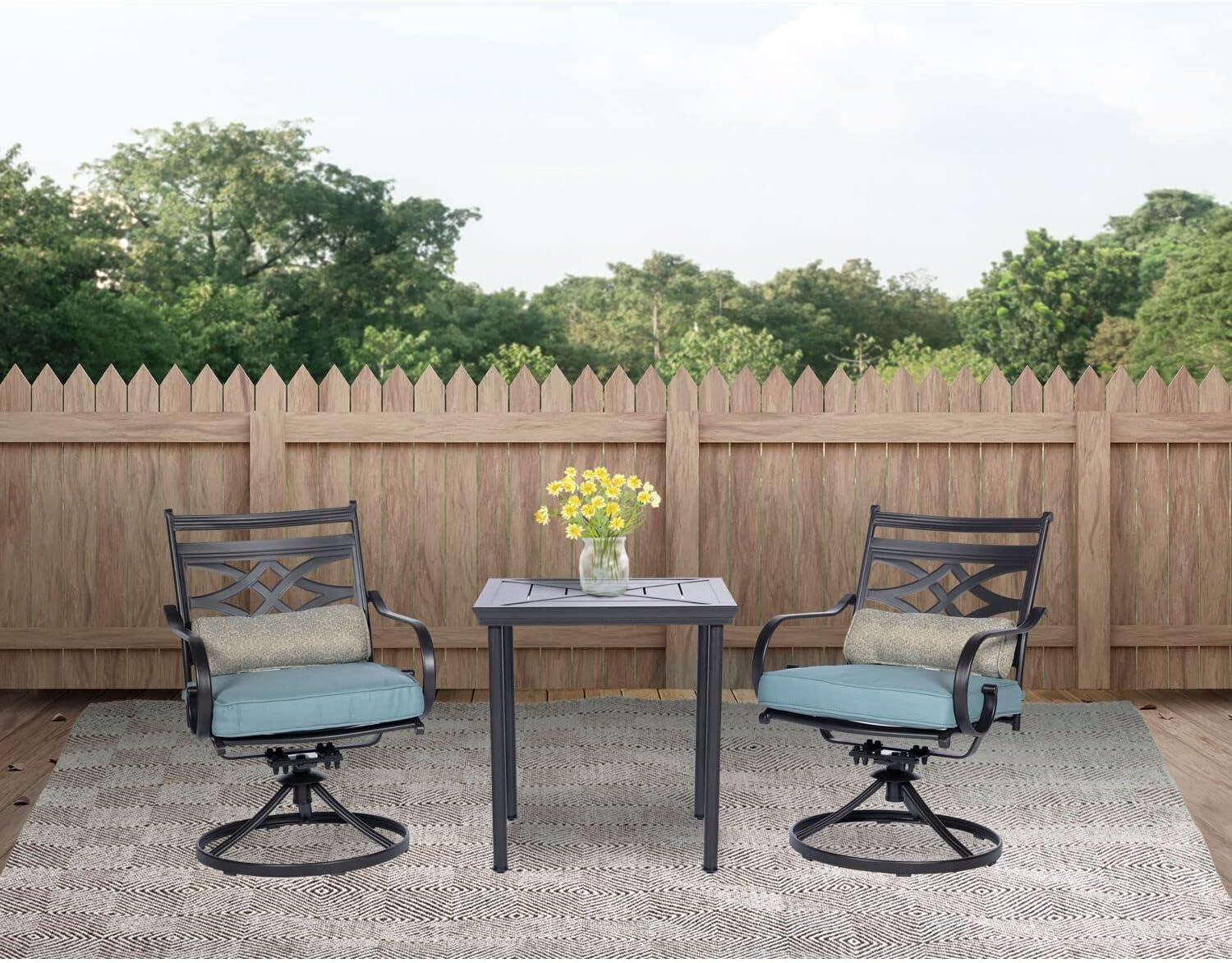 Hanover Montclair 3-Piece All-Weather Outdoor Patio Bistro Dining Set, 2 Swivel Rocker Chairs with Comfortable Seat and Lumbar Cushions, 27" Square Stamped Rectangle Table, MCLRDN3PCSW2-NVY