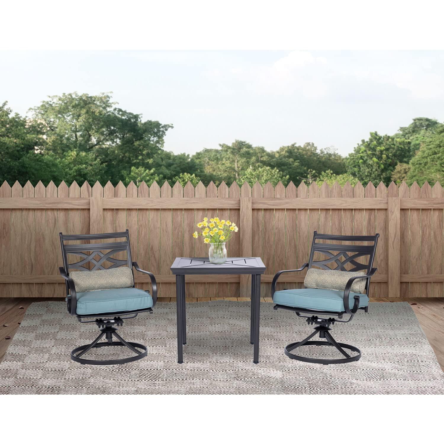 Hanover Montclair 3-Piece All-Weather Outdoor Patio Bistro Dining Set, 2 Swivel Rocker Chairs with Comfortable Seat and Lumbar Cushions, 27" Square Stamped Rectangle Table, MCLRDN3PCSW2-NVY