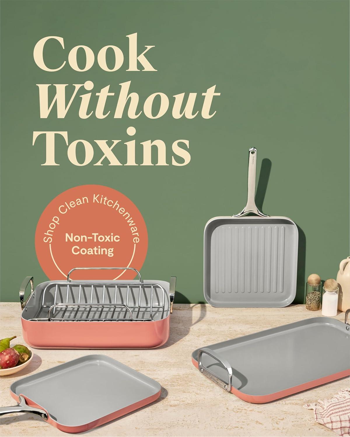 Caraway Home 7pc Square Cookware Set Perracotta: Nonstick Ceramic, Griddle Pans, Roasting Pan, Pot Lid Organizer