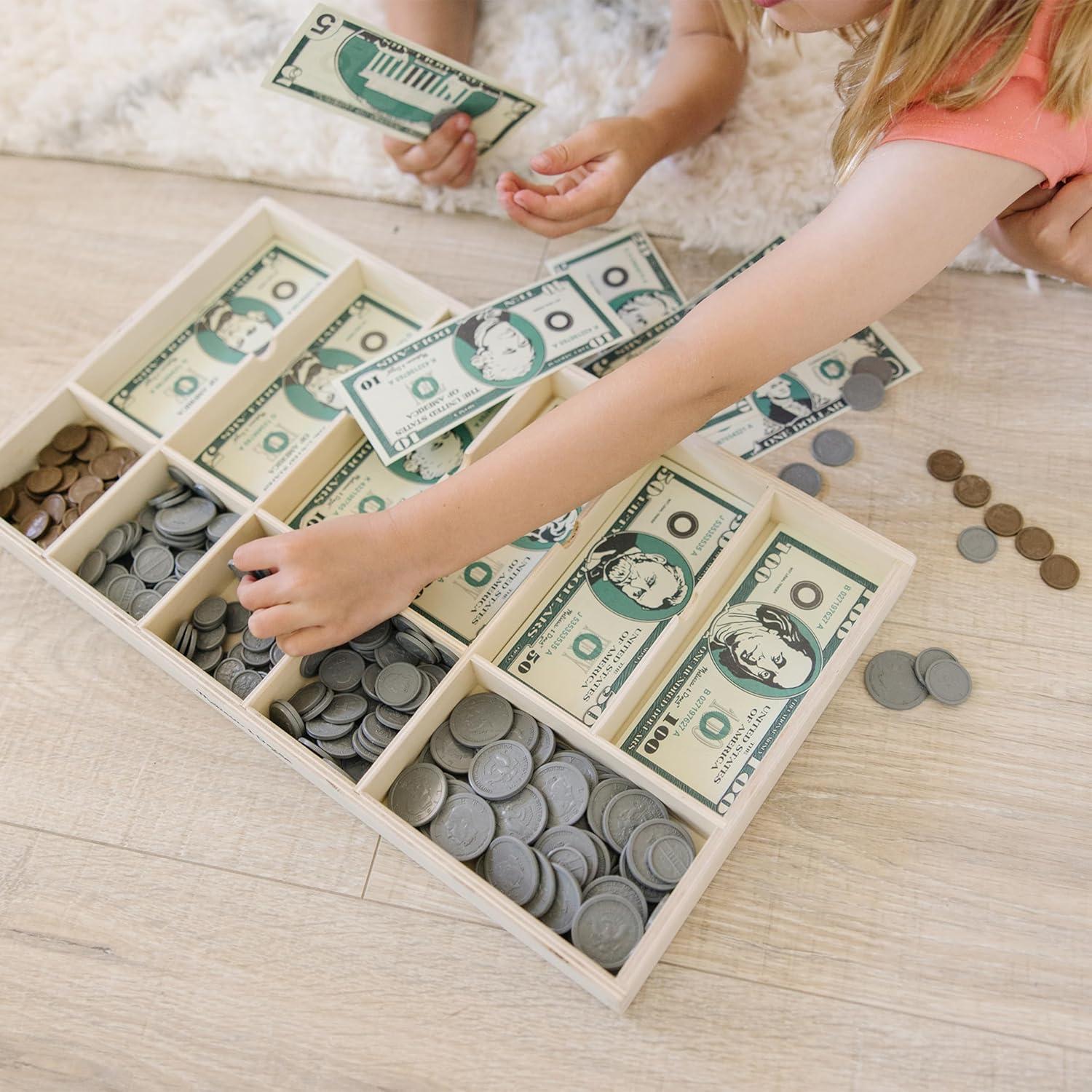 Melissa & Doug Play Money Set - Educational Toy With Paper Bills and Plastic Coins (50 of each denomination) and Wooden Cash Drawer for Storage