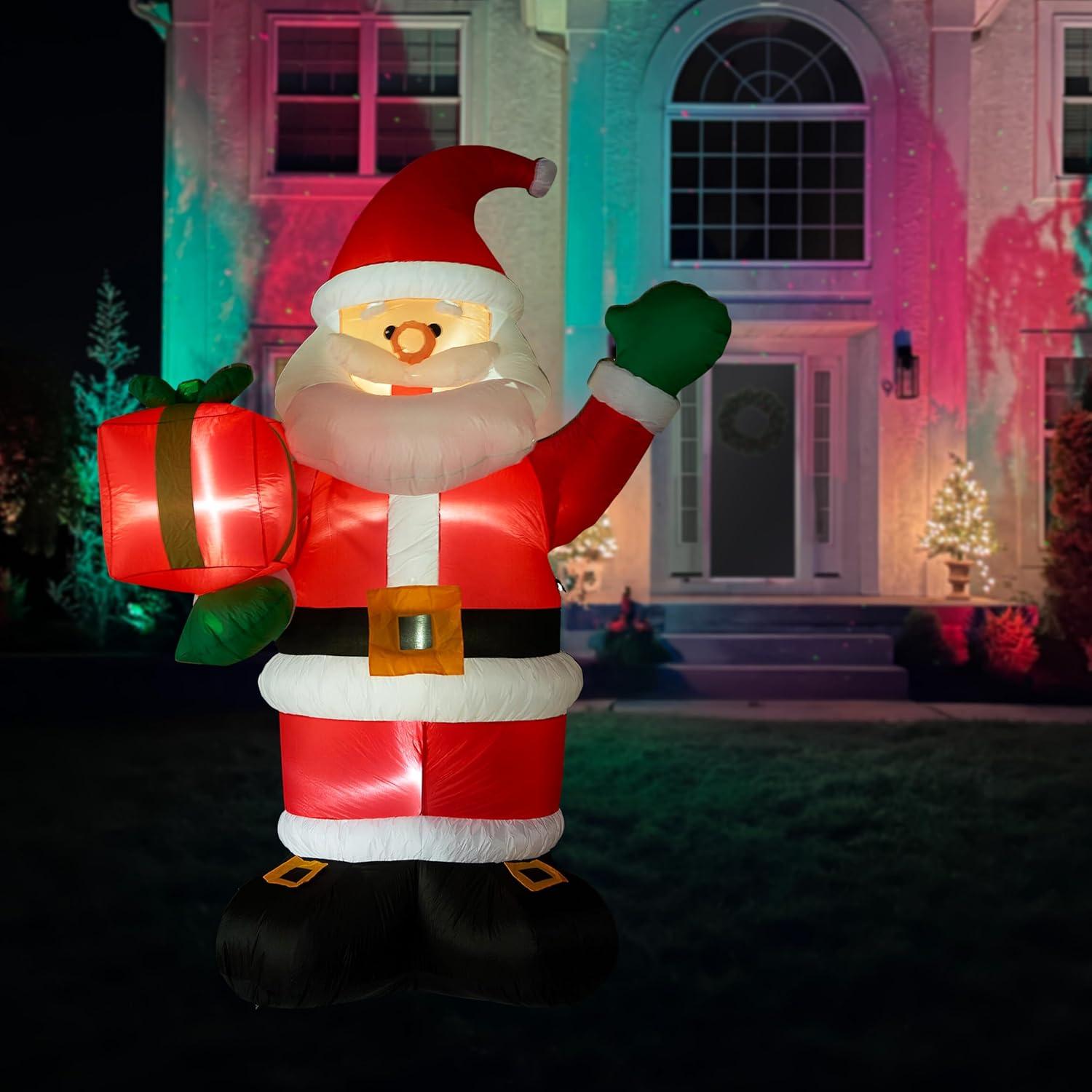 Fraser Hill Farm 10-Ft. Tall Pre-Lit Christmas Inflatable | Santa Claus Holding Gift with Lights and Storage Bag | Outdoor Holiday Blow-Up Festive Celebration Party Decor | FHFSANTA102-L