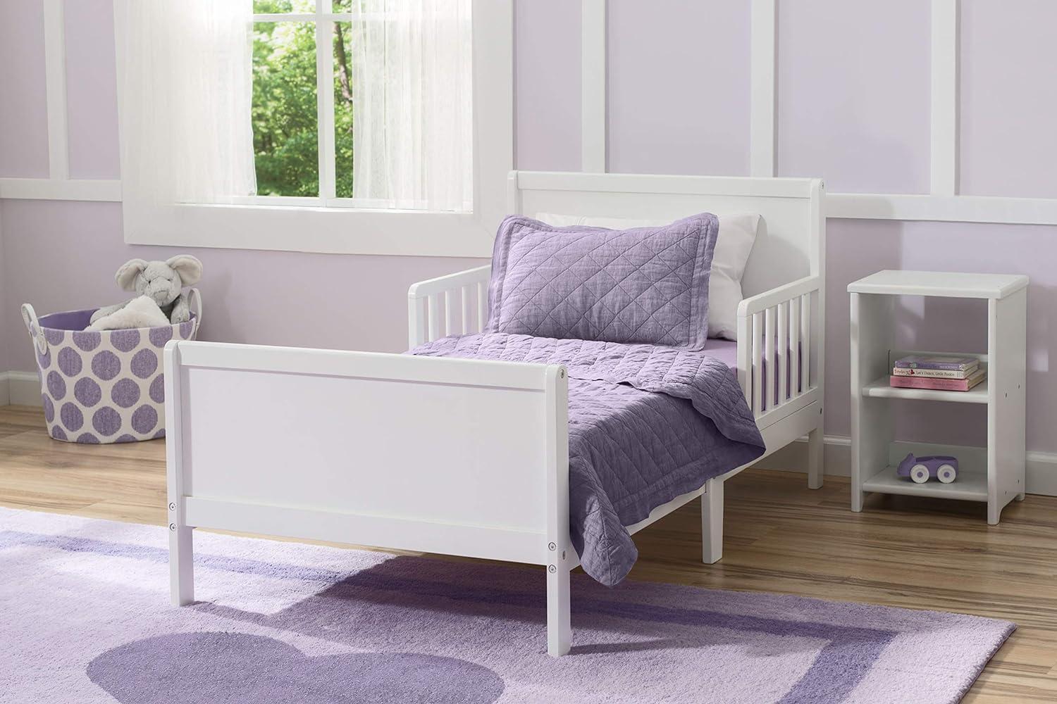 White Wood Toddler Bed with Guardrails and Headboard