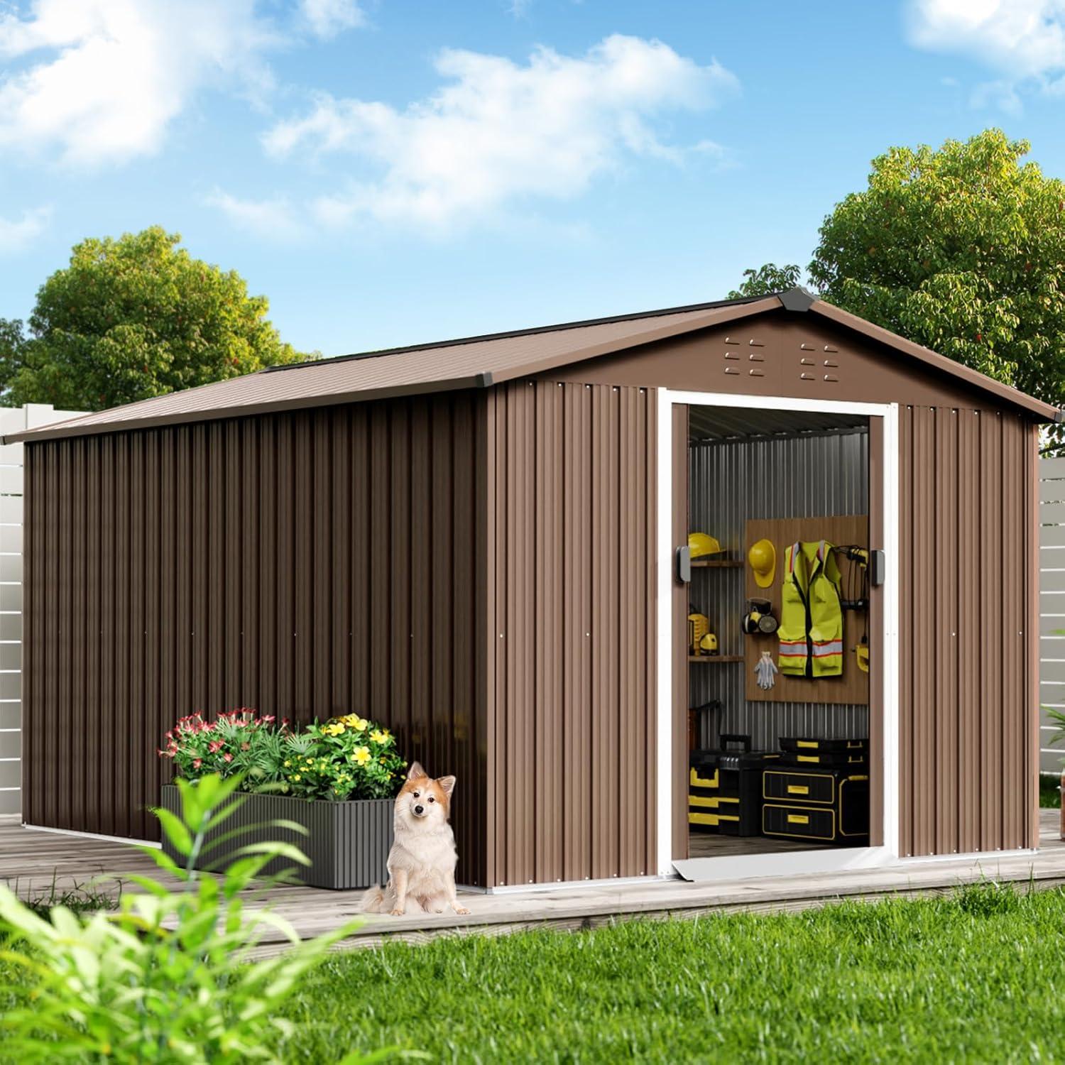 12x10 FT Outdoor Metal Storage Shed Garden Tool House With Lockable Doors and Vent Brown