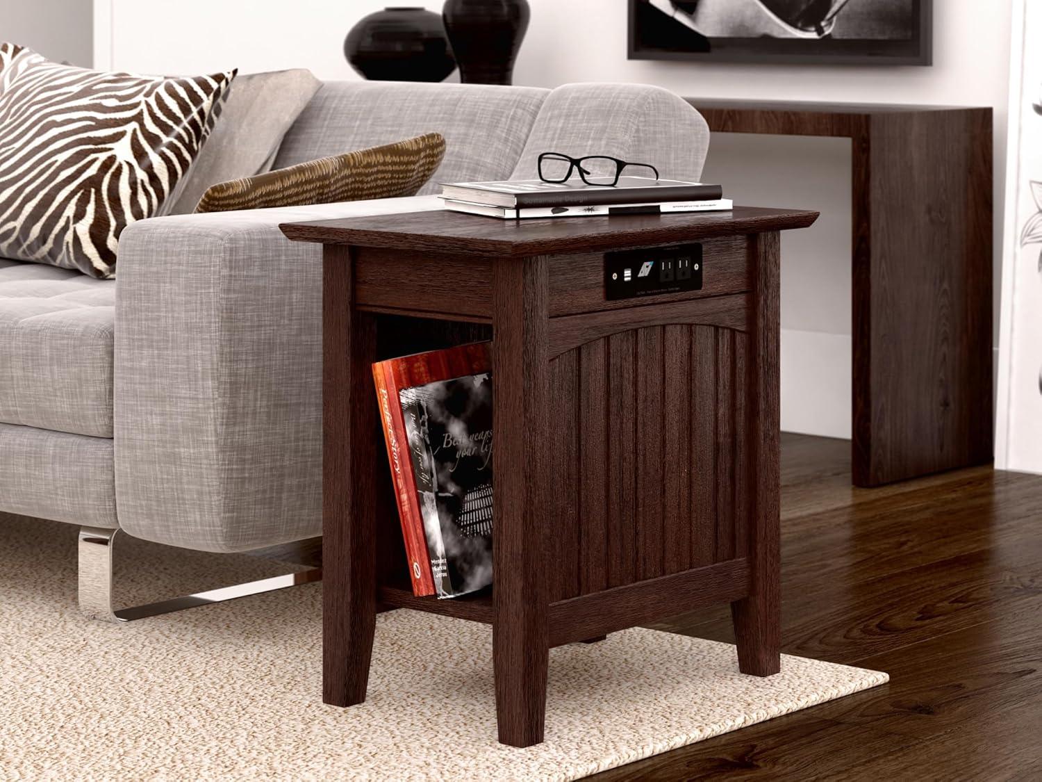 Nantucket Burnt Amber Solid Rubberwood Side Table with Charging Station