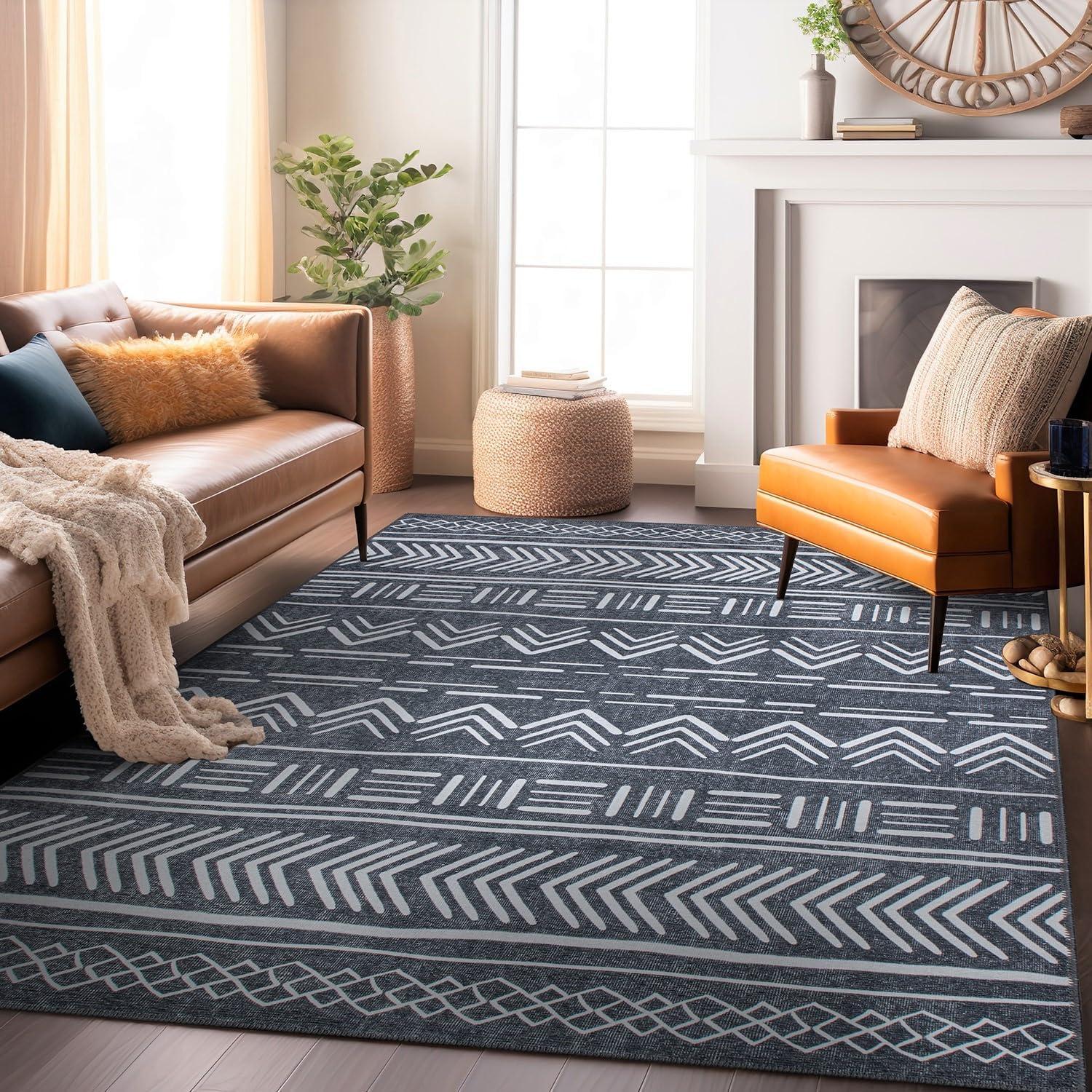 Dark Gray Geometric Flat Woven Machine Washable Area Rug